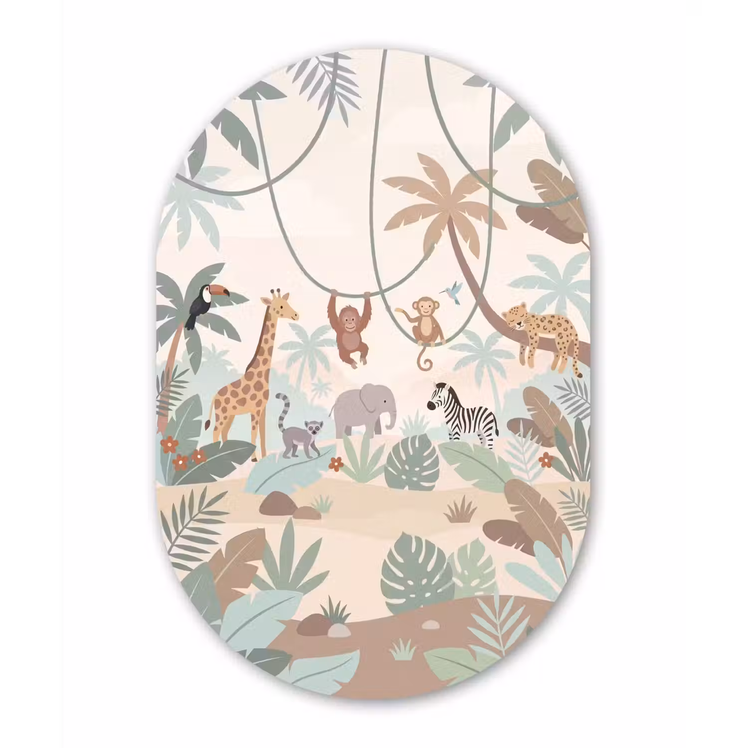 Jungle - Dieren - Groen Wandcirkel Ovaal Forex klein -3d