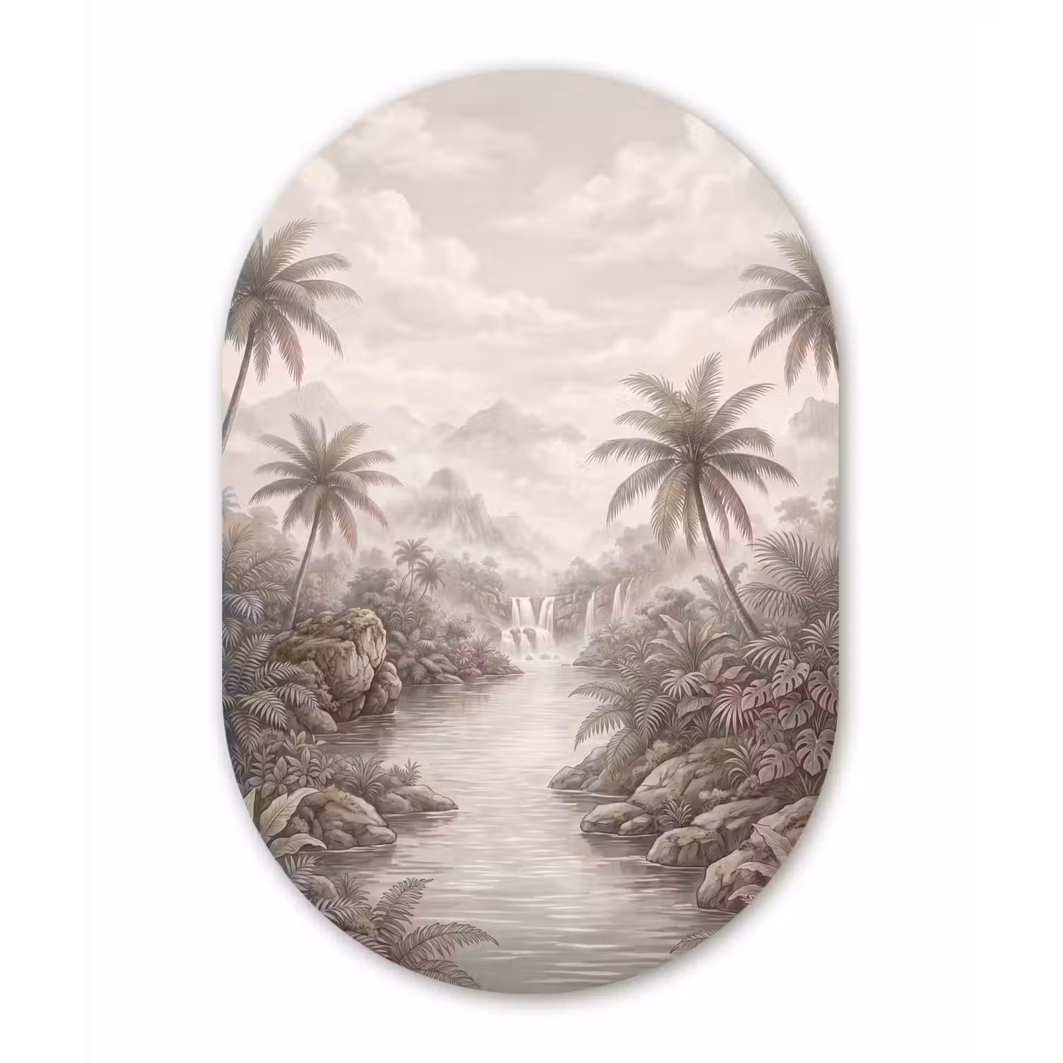 Jungle - Watervallen - Tropisch - Illustratie Wandcirkel Ovaal Forex klein -3d