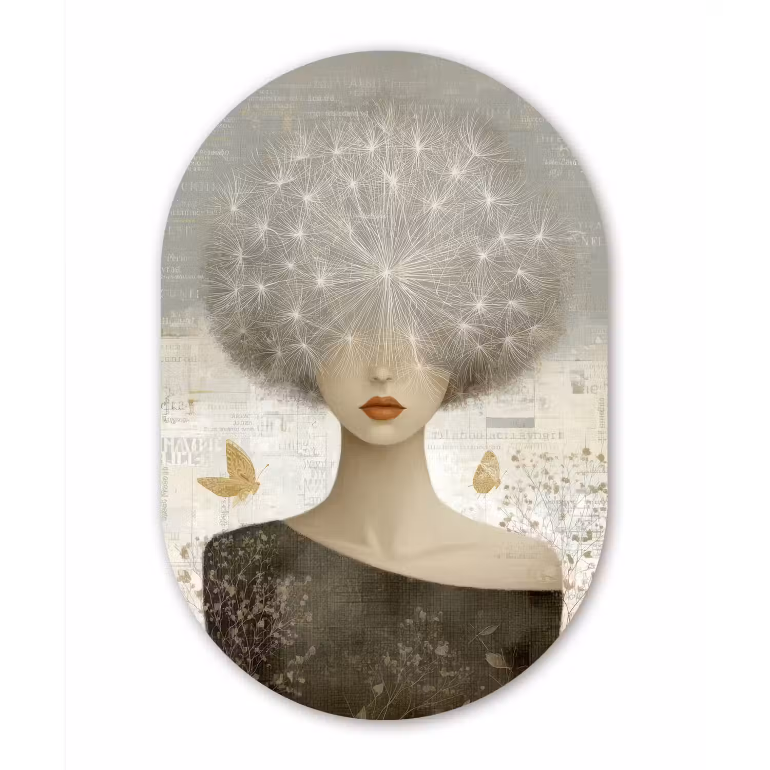 Pluis - Vrouw - Beige Wandcirkel Ovaal Forex klein -3d