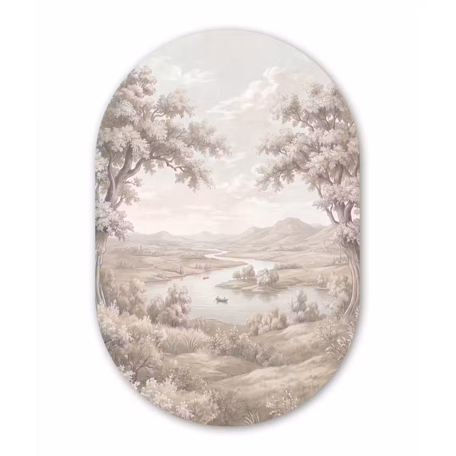 Rivierlandschap - Bergen - Natuur - Vintage - Beige Wandcirkel Ovaal Forex klein -3d