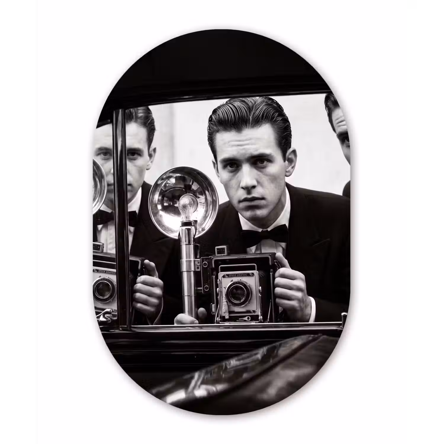 Fotograaf - Camera - Vintage - Journalistiek - Zwart-wit Wandcirkel Ovaal Forex klein -3d