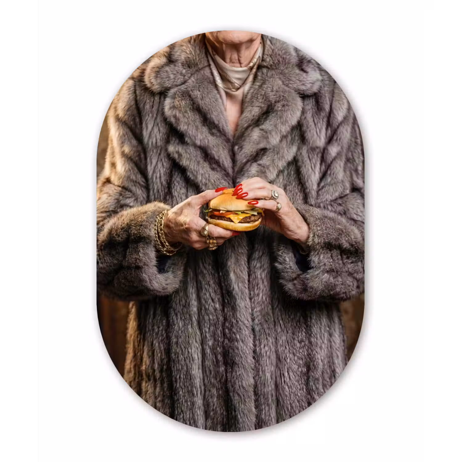 Vrouw - Hamburger - Bontjas Wandcirkel Ovaal Forex klein -3d