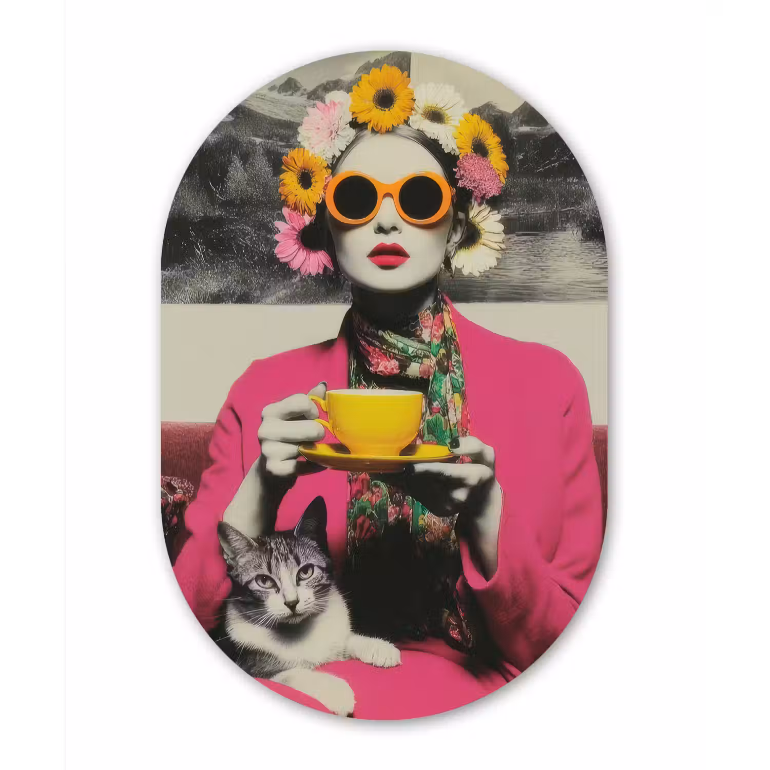 Vrouw - Kat - Bloemen - Kopje - Retro Wandcirkel Ovaal Forex klein -3d