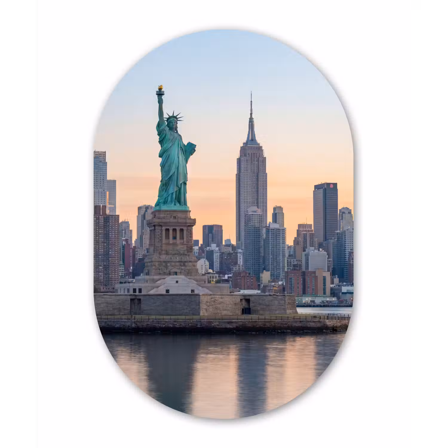 Vrijheidsbeeld - New York - Zonsopgang - Stad - Architectuur Wandcirkel Ovaal Forex klein -3d