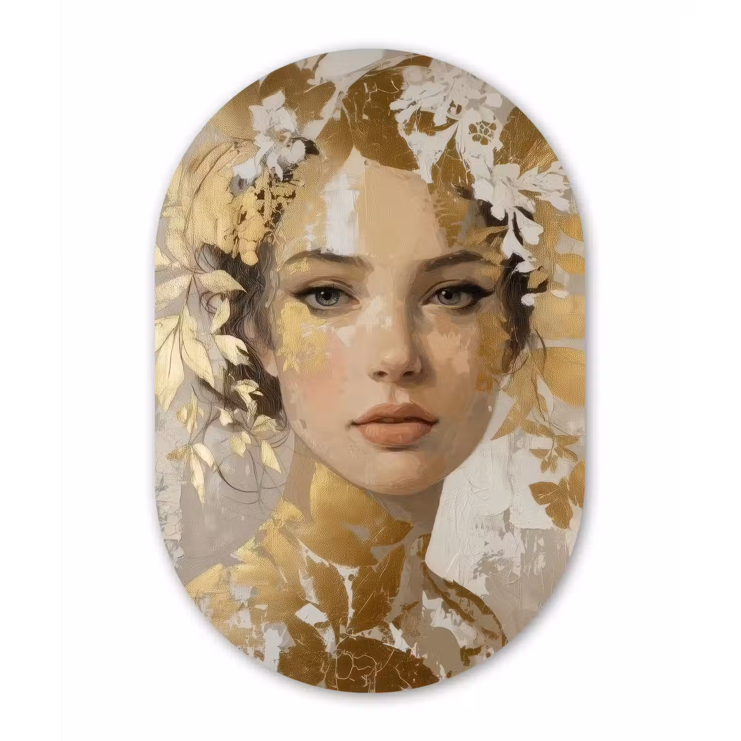 Gezicht - Vrouw - Bladeren - Goud Wandcirkel Ovaal Forex klein -3d