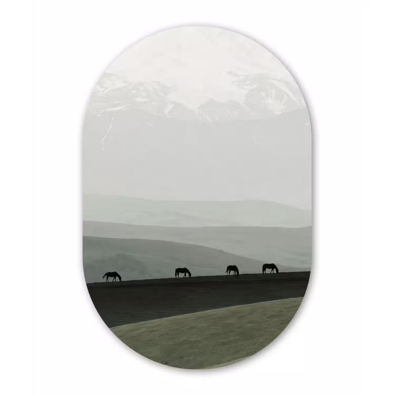 Grijs - Berg - Paarden Wandcirkel Ovaal Forex klein -3d