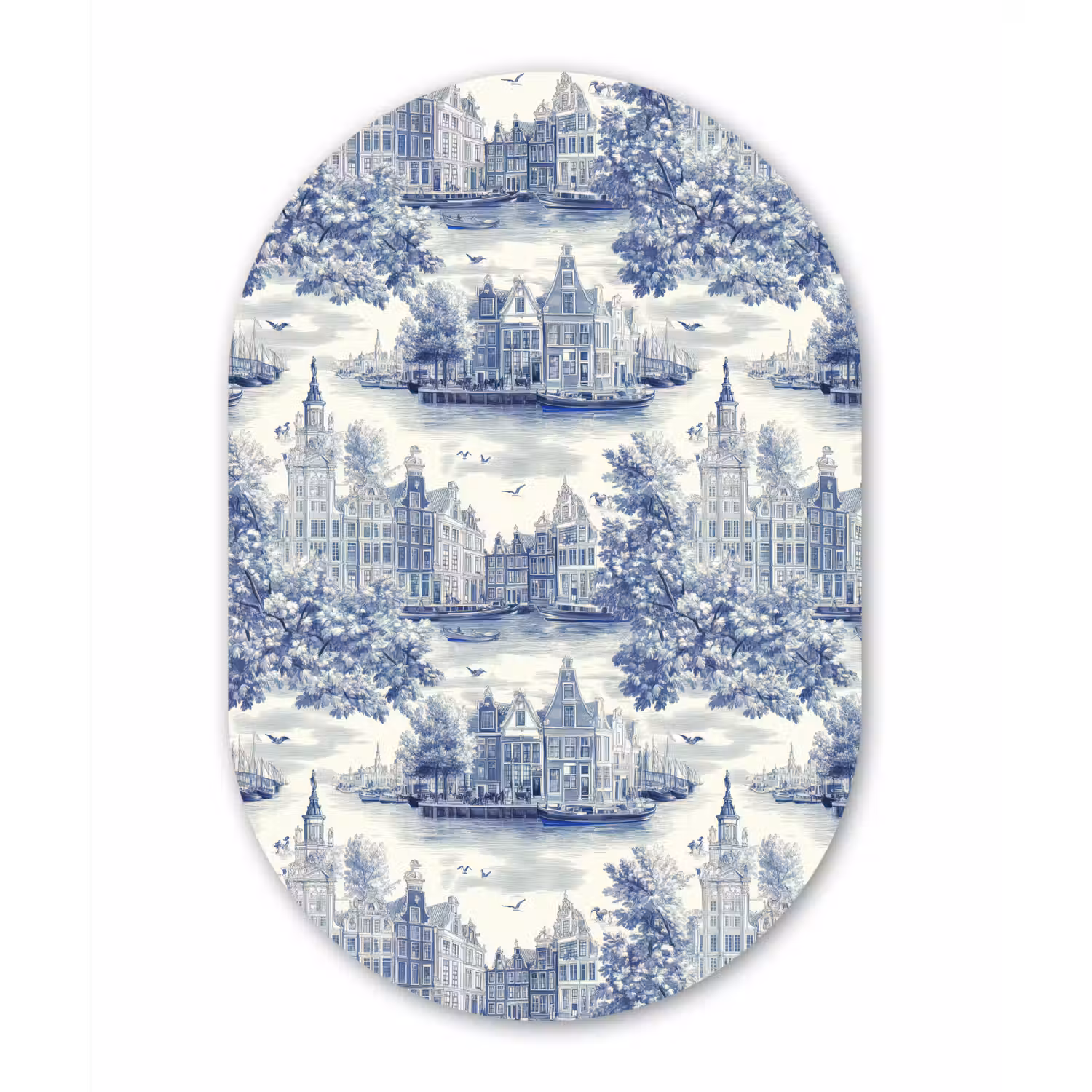 Huizen - Bomen - Water - Vogels - Blauw Wandcirkel Ovaal Forex klein 630 -3d