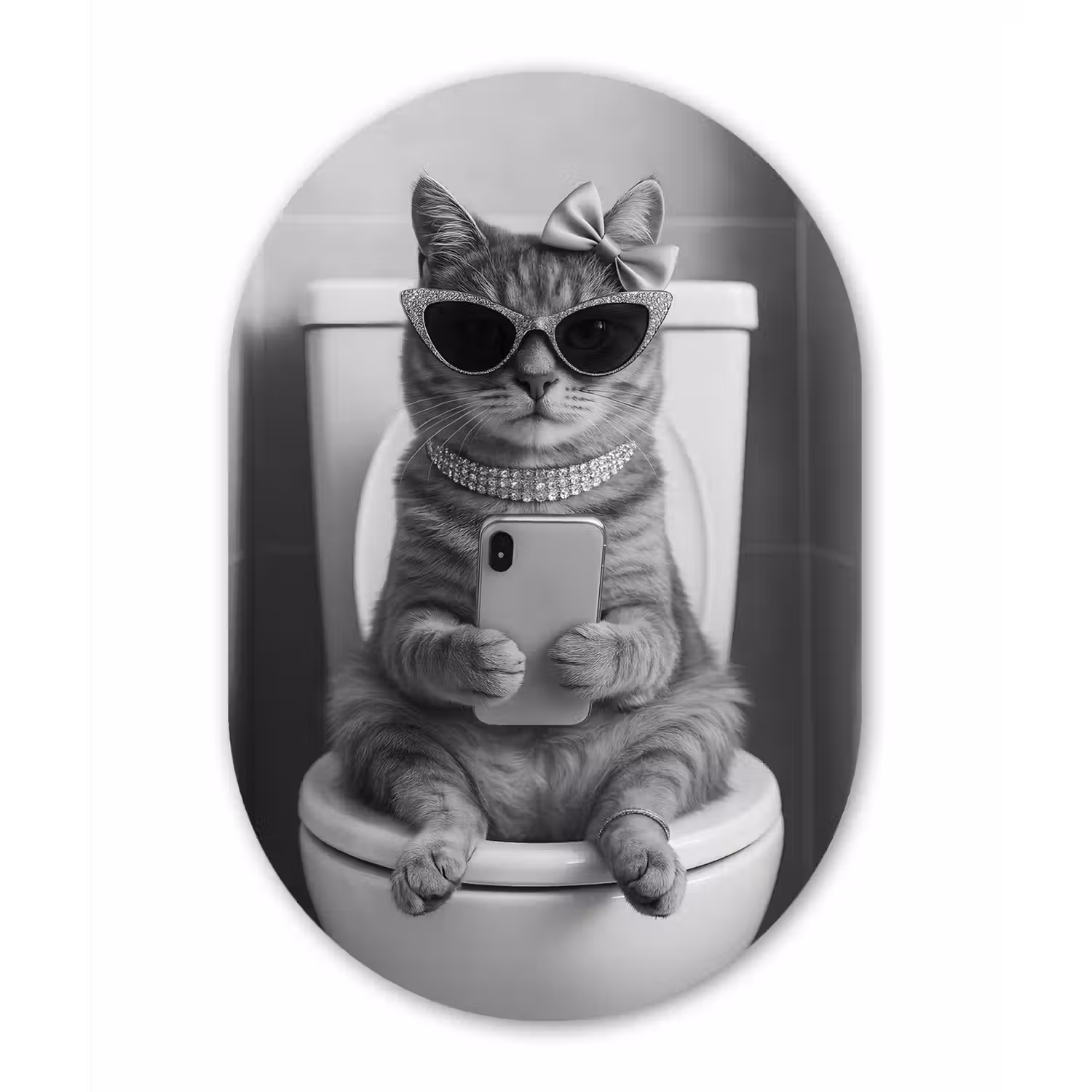 Kat - Telefoon - Toilet - Zwart - Wit Wandcirkel Ovaal Forex klein -3d