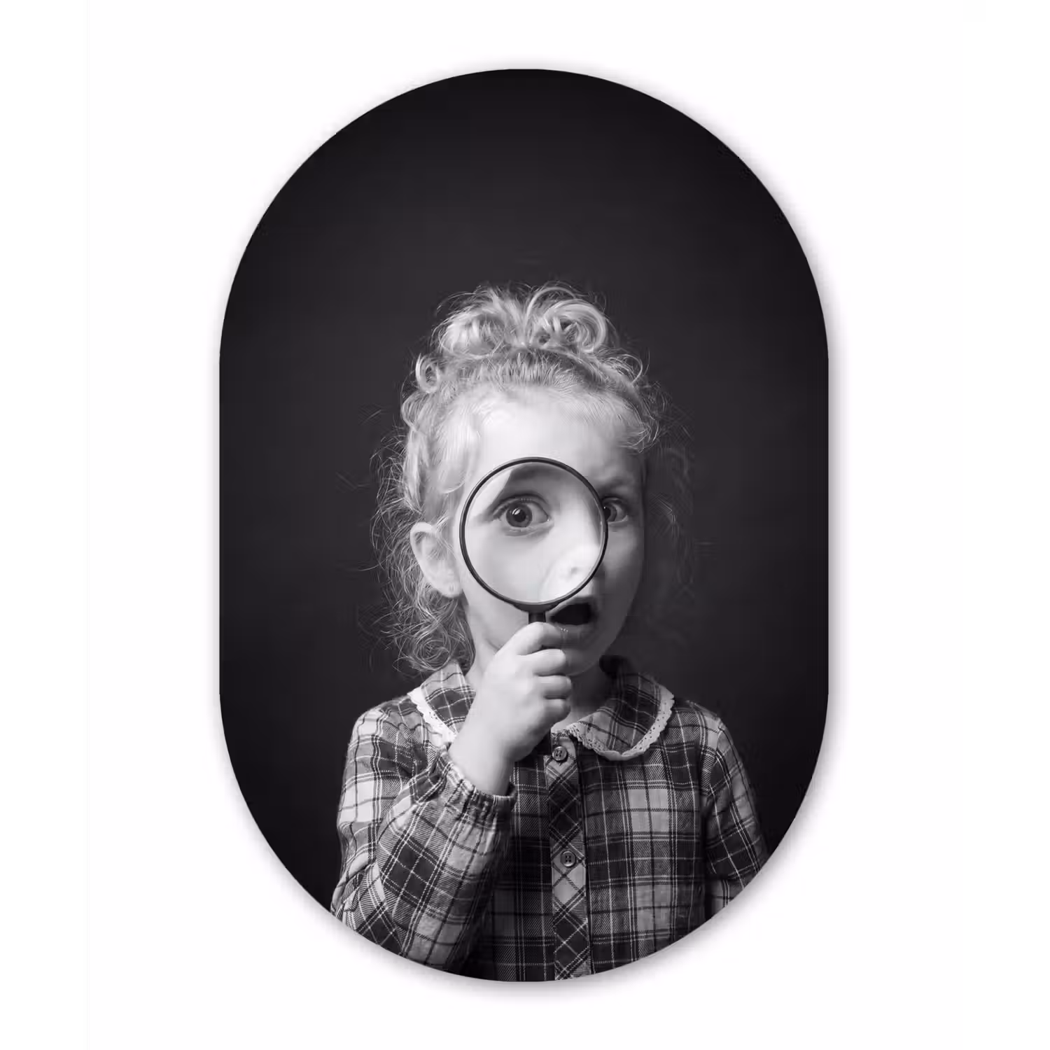 Kind - Vergrootglas - Portret - Zwart-wit Wandcirkel Ovaal Forex klein -3d