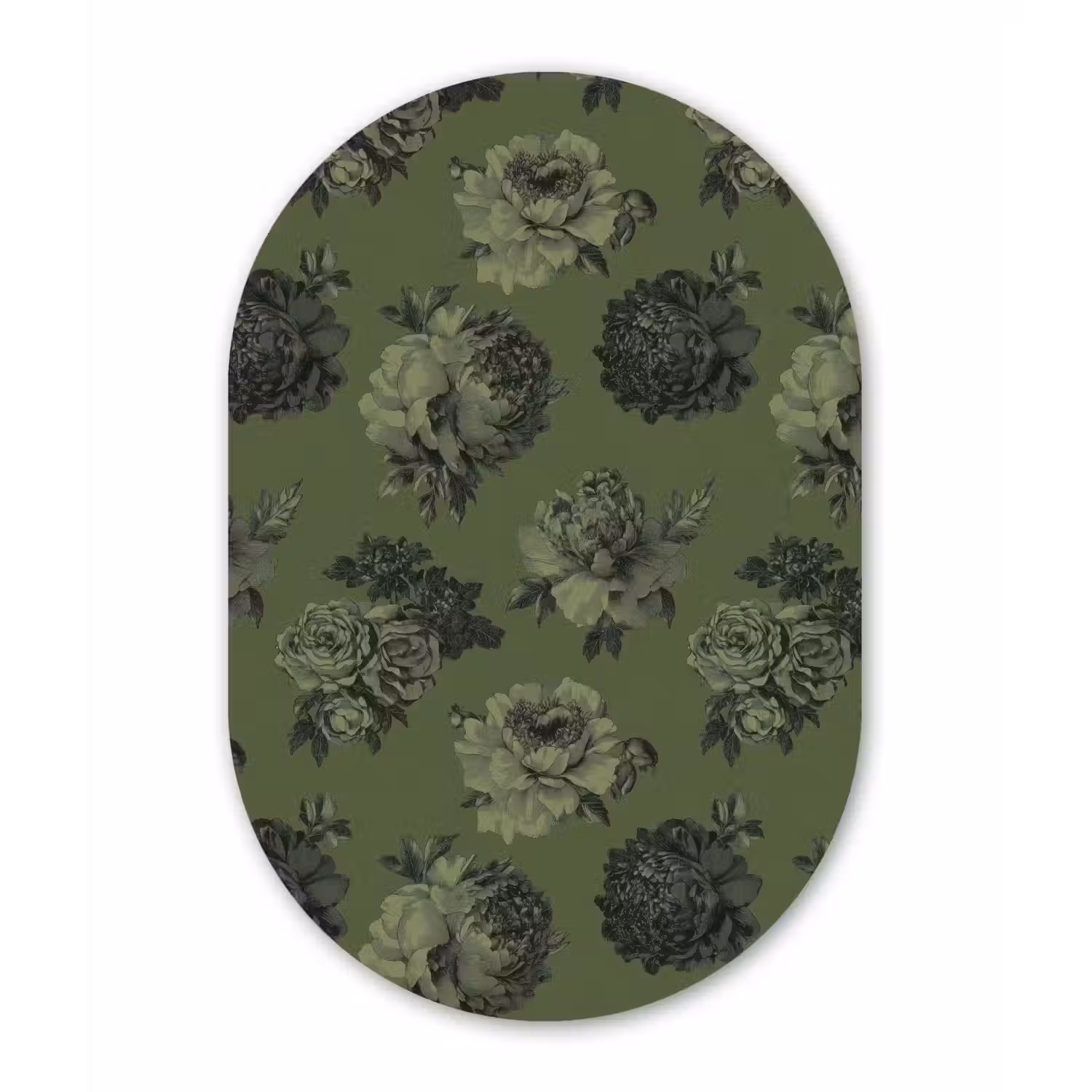 Klassiek - botanisch - olijfgroen - bloemen Wandcirkel Ovaal Forex klein 630 -3d