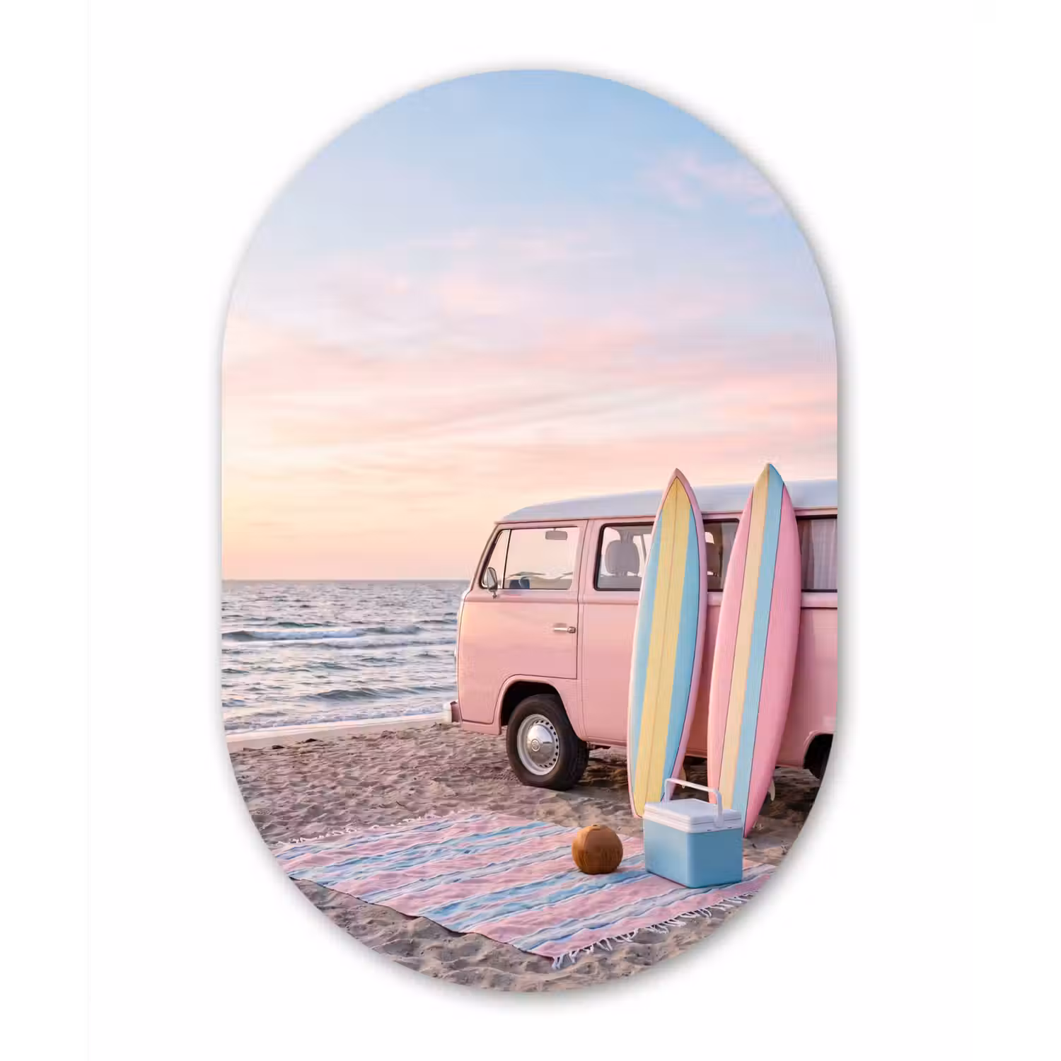 Busje - Strand - Surfplank - Zomer - Roze Wandcirkel Ovaal Forex klein -3d