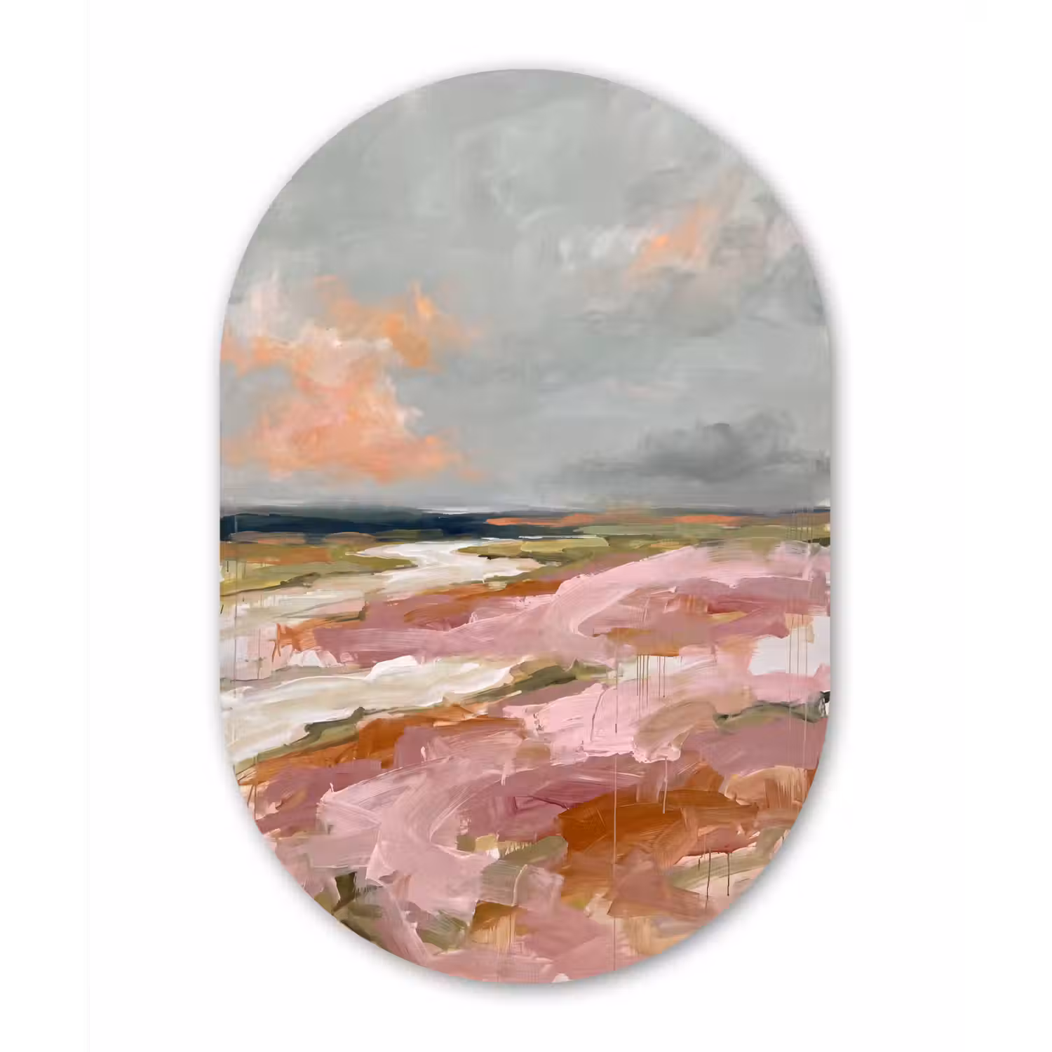 Landschap - Rivier - Abstract - Roze - Groen Wandcirkel Ovaal Forex klein -3d