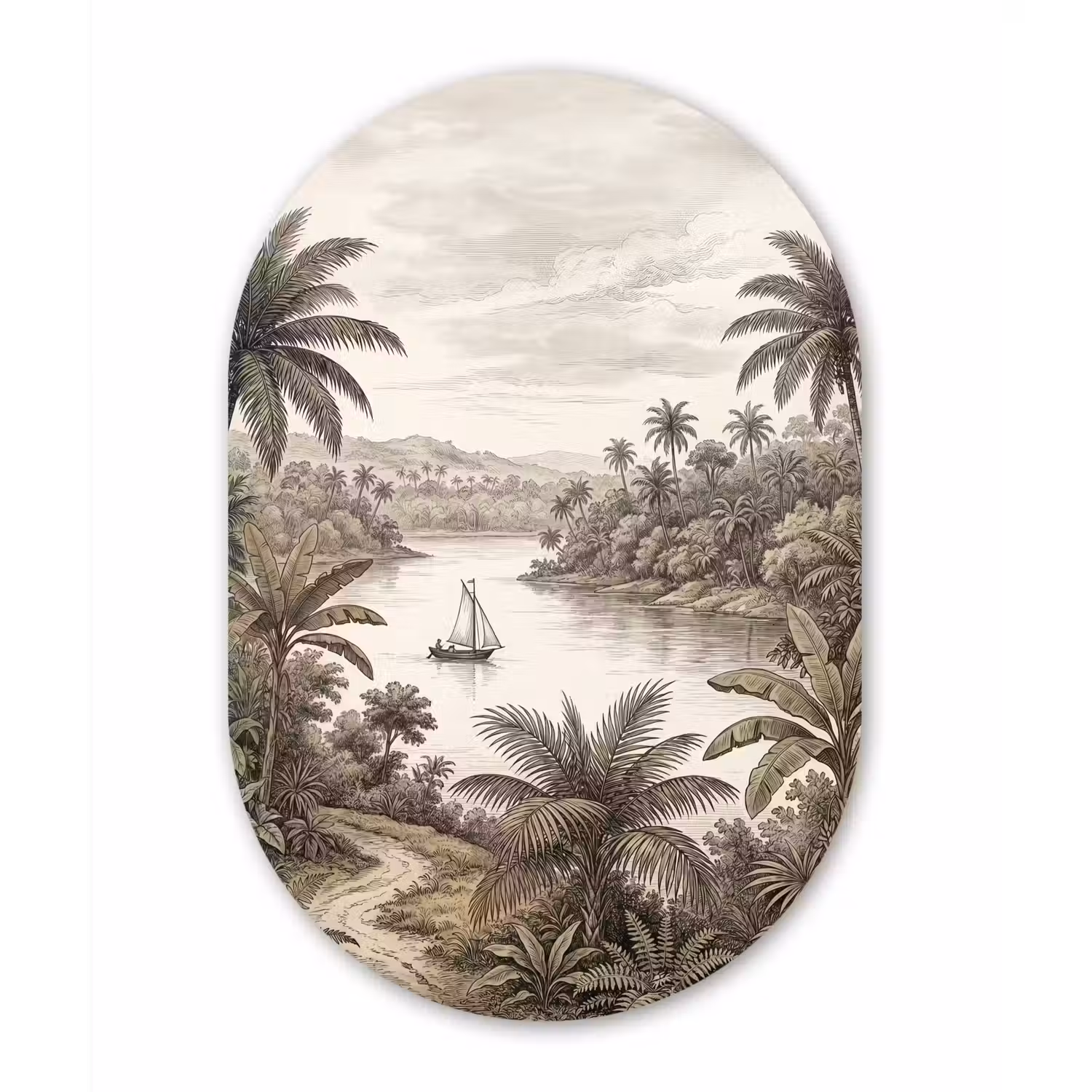 Landschap - Rivier - Boot - Tropisch - Vintage Wandcirkel Ovaal Forex klein -3d