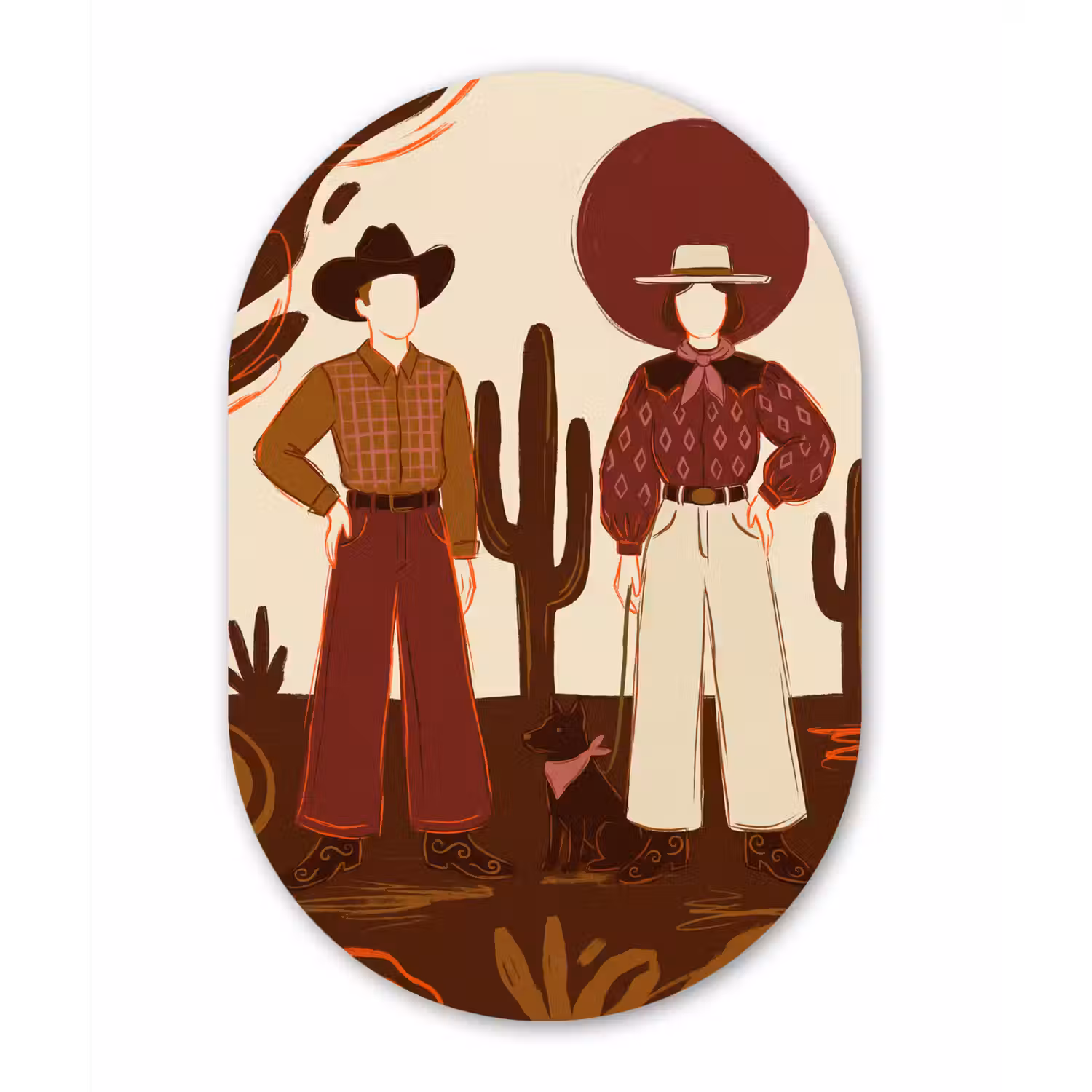 Mensen - Cowboykleding - Westerse stijl - Illustratie - Bruin Wandcirkel Ovaal Forex klein -3d