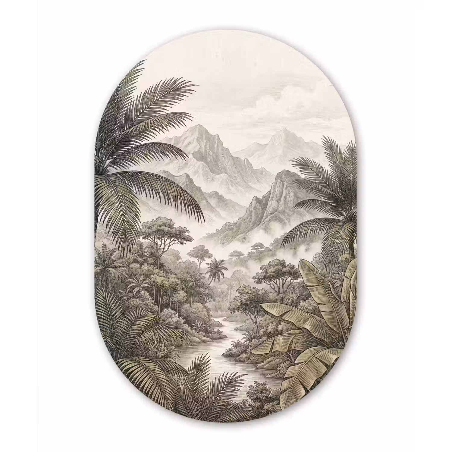 Natuur - Bergen - Rivier - Tropisch - Vintage Wandcirkel Ovaal Forex klein -3d