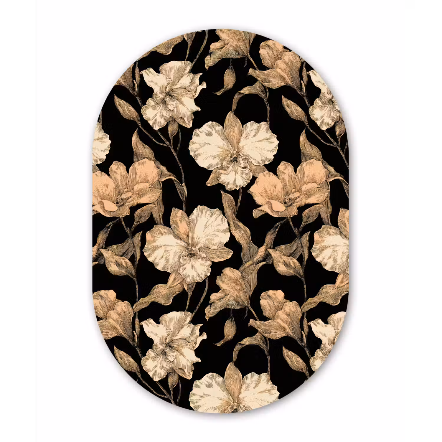 Orchideeën - Lijntekening - Patroon - Beige - Zwart Wandcirkel Ovaal Forex klein 630 -3d