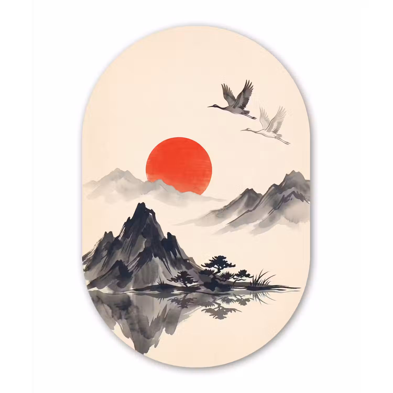 Oosters - Kraanvogels - Landschap Wandcirkel Ovaal Forex klein -3d