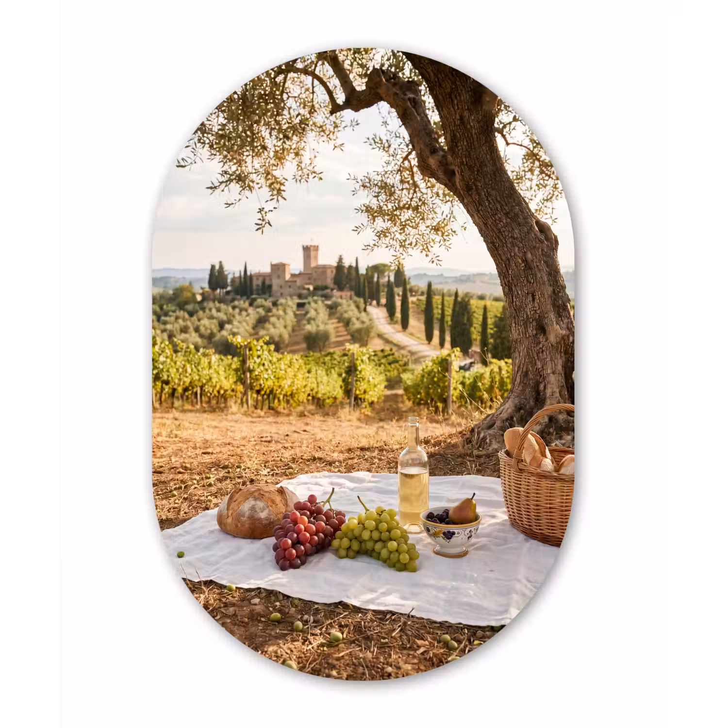 Picknick - Wijngaard - Landschap - Zomer - Eten Wandcirkel Ovaal Forex klein -3d