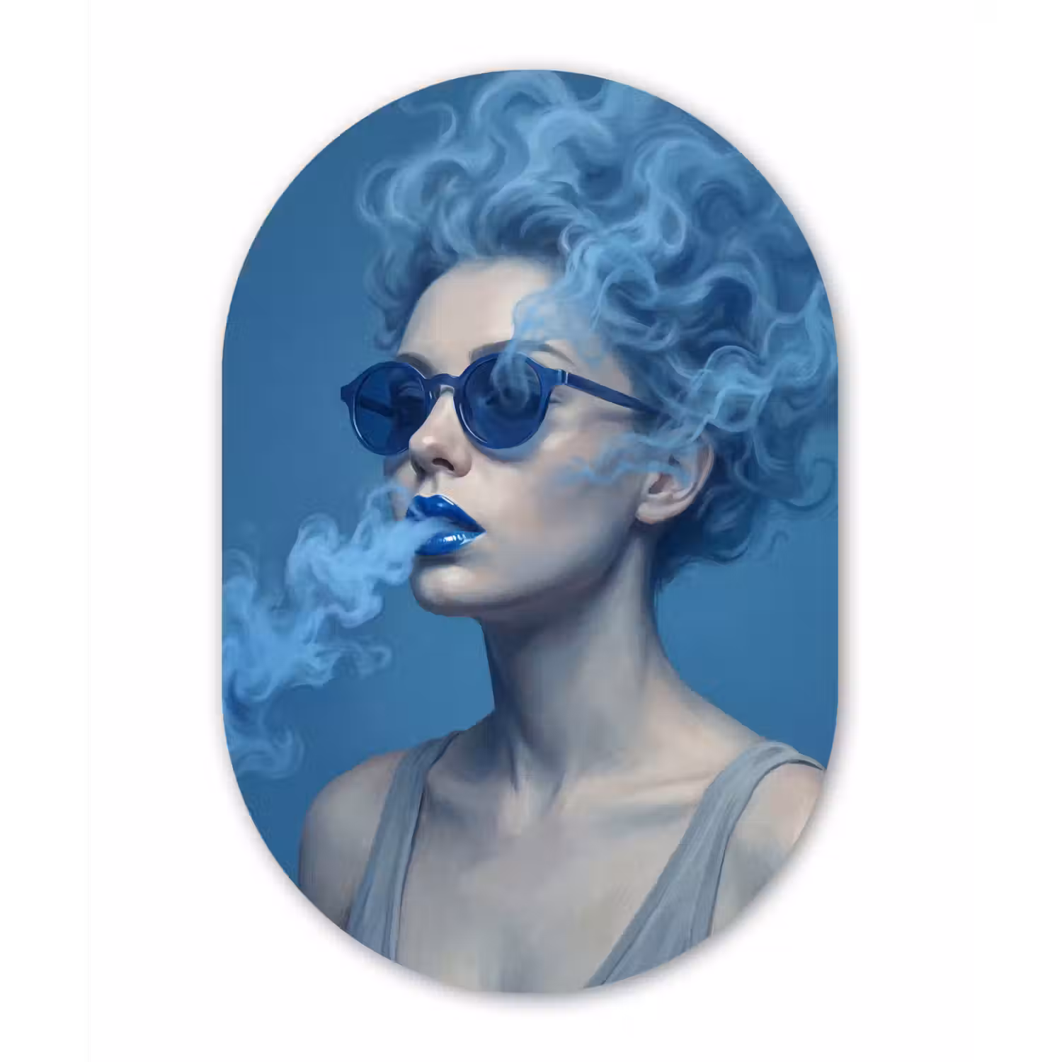 Portret - Zonnebril - Rook - Abstract - Blauw Wandcirkel Ovaal Forex klein -3d