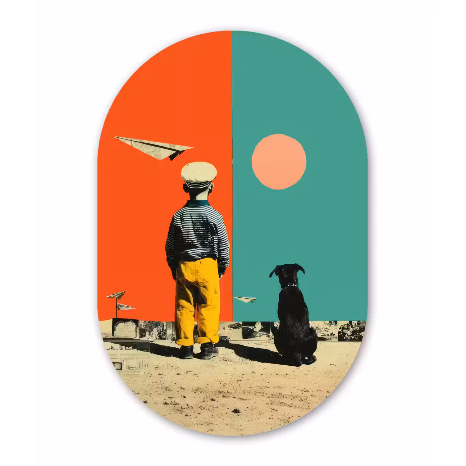 Retro - Jongen - Hond - Rood - Groen Wandcirkel Ovaal Forex klein -3d