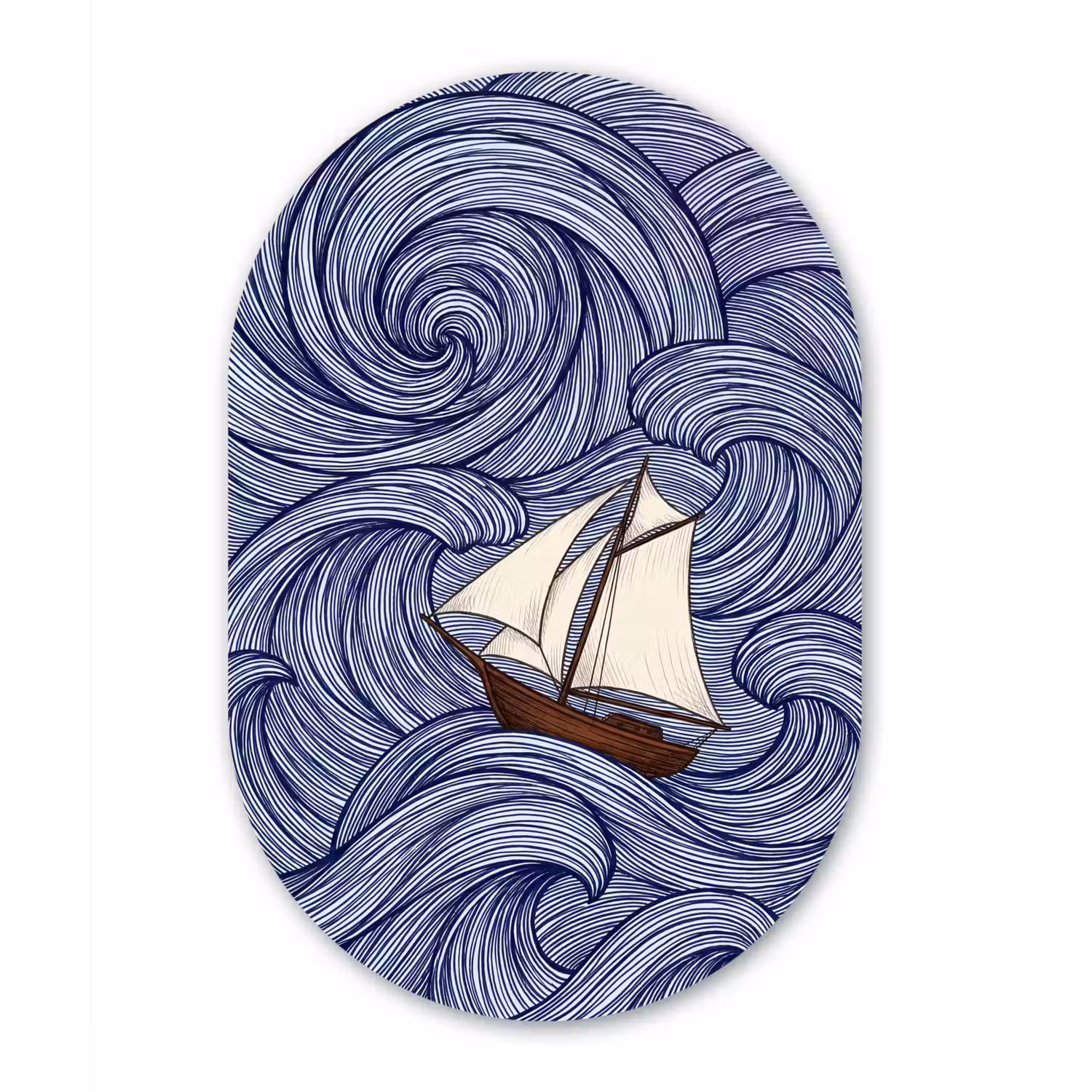 Schip - Golven - Zee - Illustratie - Blauw Wandcirkel Ovaal Forex klein -3d