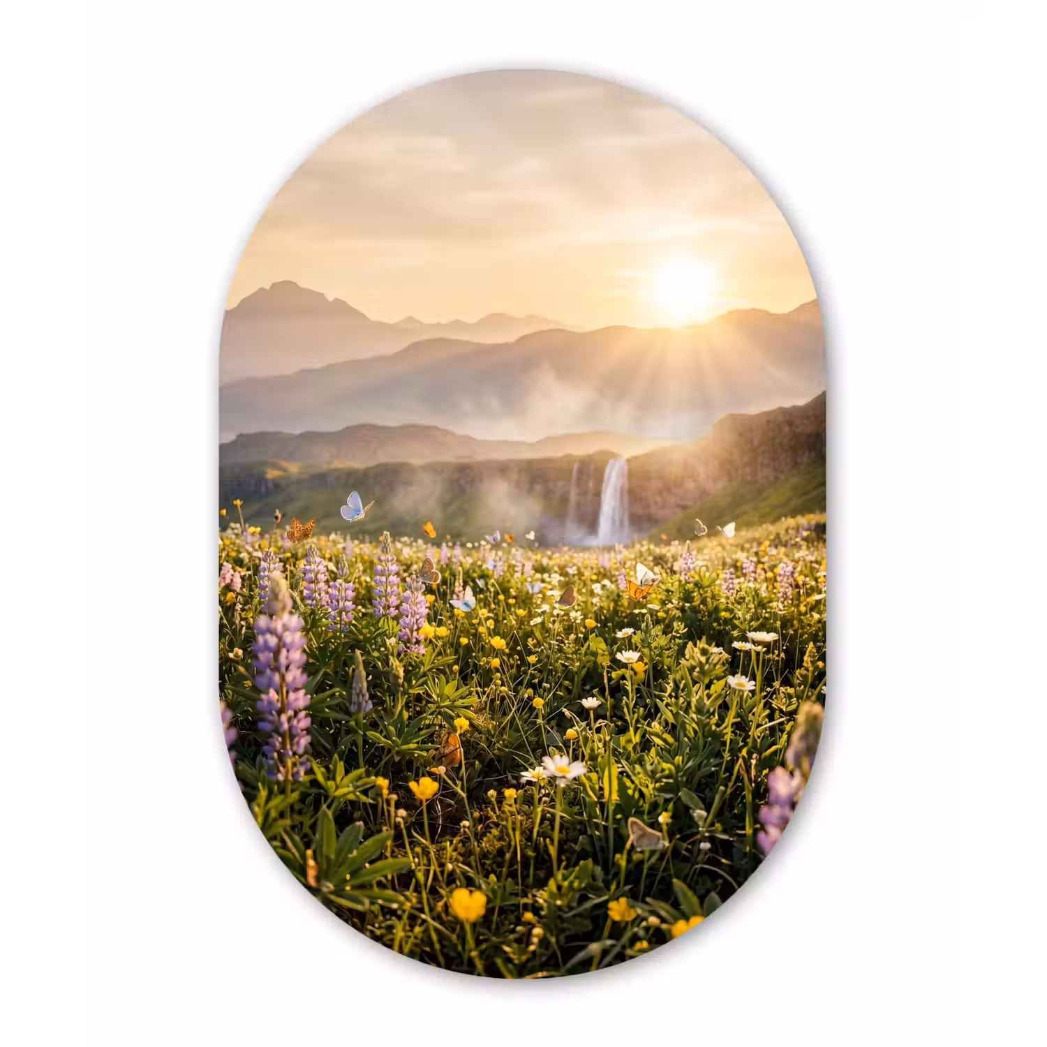 Vlinders - Waterval - Bloemenveld Wandcirkel Ovaal Forex klein -3d