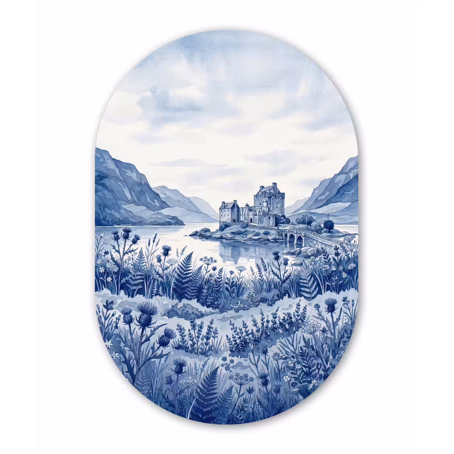 Schots - Kasteel - Blauw - Aquarel Wandcirkel Ovaal Forex klein -3d