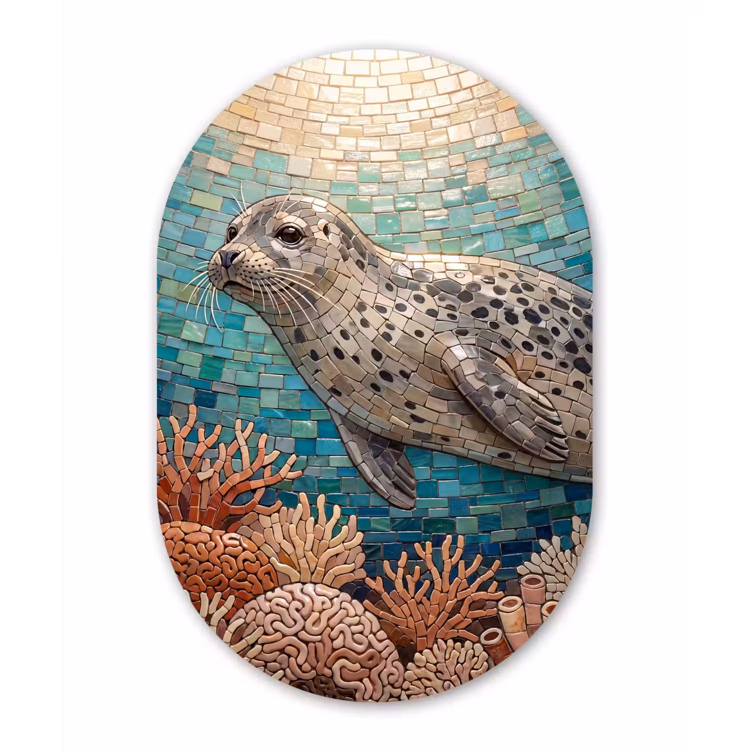 Zeehond - Mozaïek - Onderwater - Dieren - Blauw Wandcirkel Ovaal Forex klein -3d