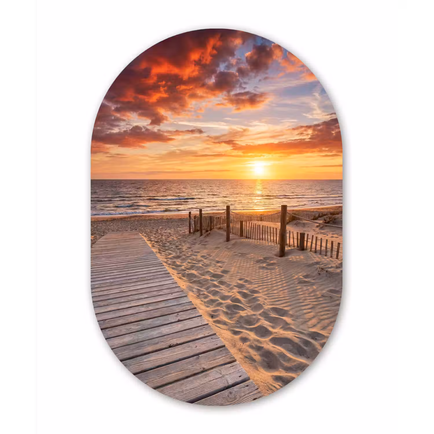 Strand - Zonsondergang - Zee - Natuur - Oranje Wandcirkel Ovaal Forex klein -3d