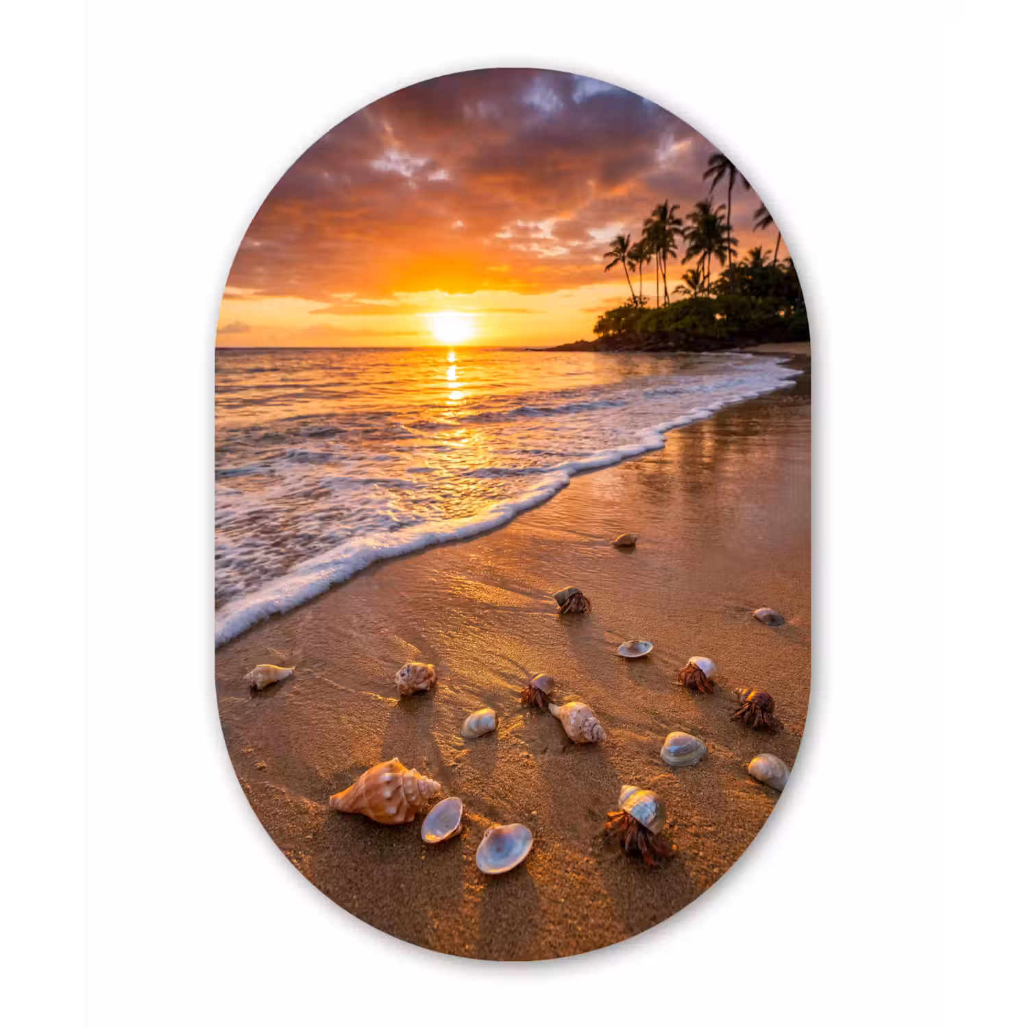 Strand - Zonsondergang - Palmbomen - Natuur - Oranje Wandcirkel Ovaal Forex klein -3d