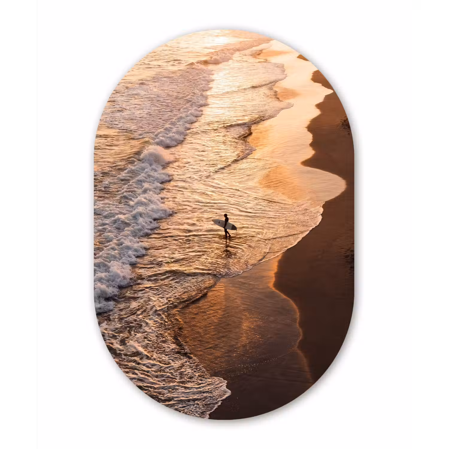 Surfer - Strand - Zonsondergang - Oceaan - Goud Wandcirkel Ovaal Forex klein -3d