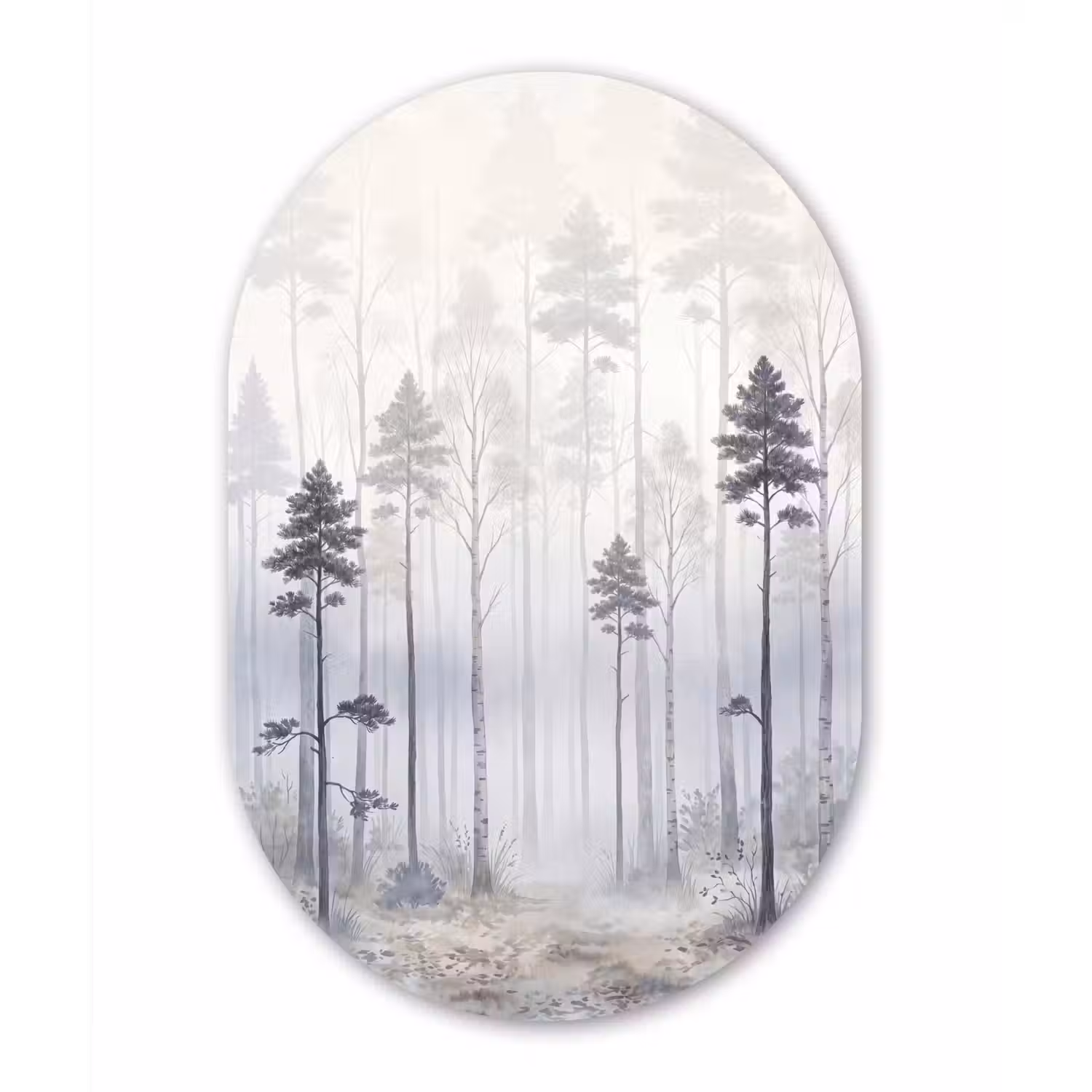Bos - Bomen - Mist - Natuur - Illustratie - Grijs Wandcirkel Ovaal Forex klein -3d