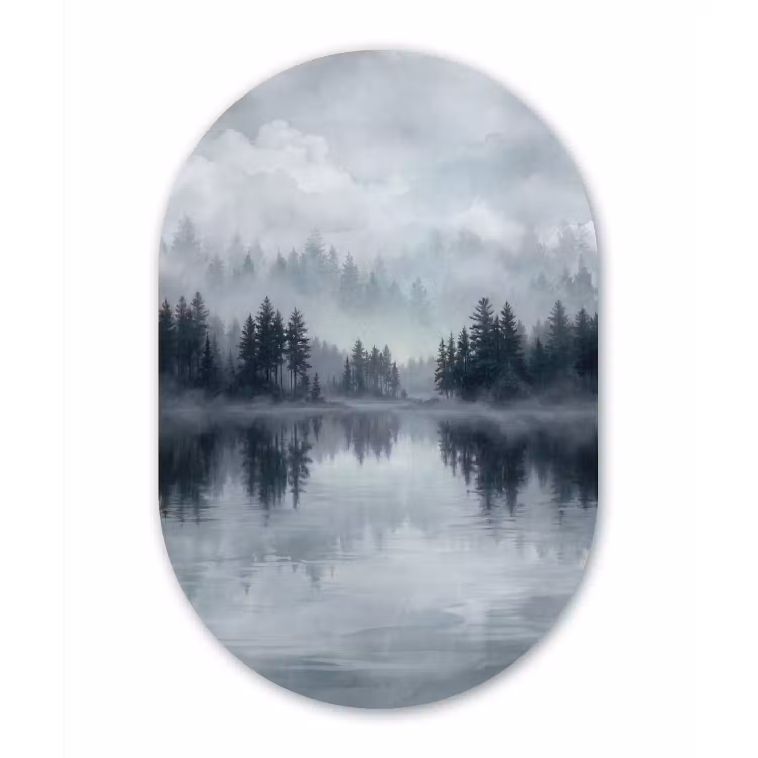 Bos - Meer - Mist - Natuur - Grijs Wandcirkel Ovaal Forex klein -3d