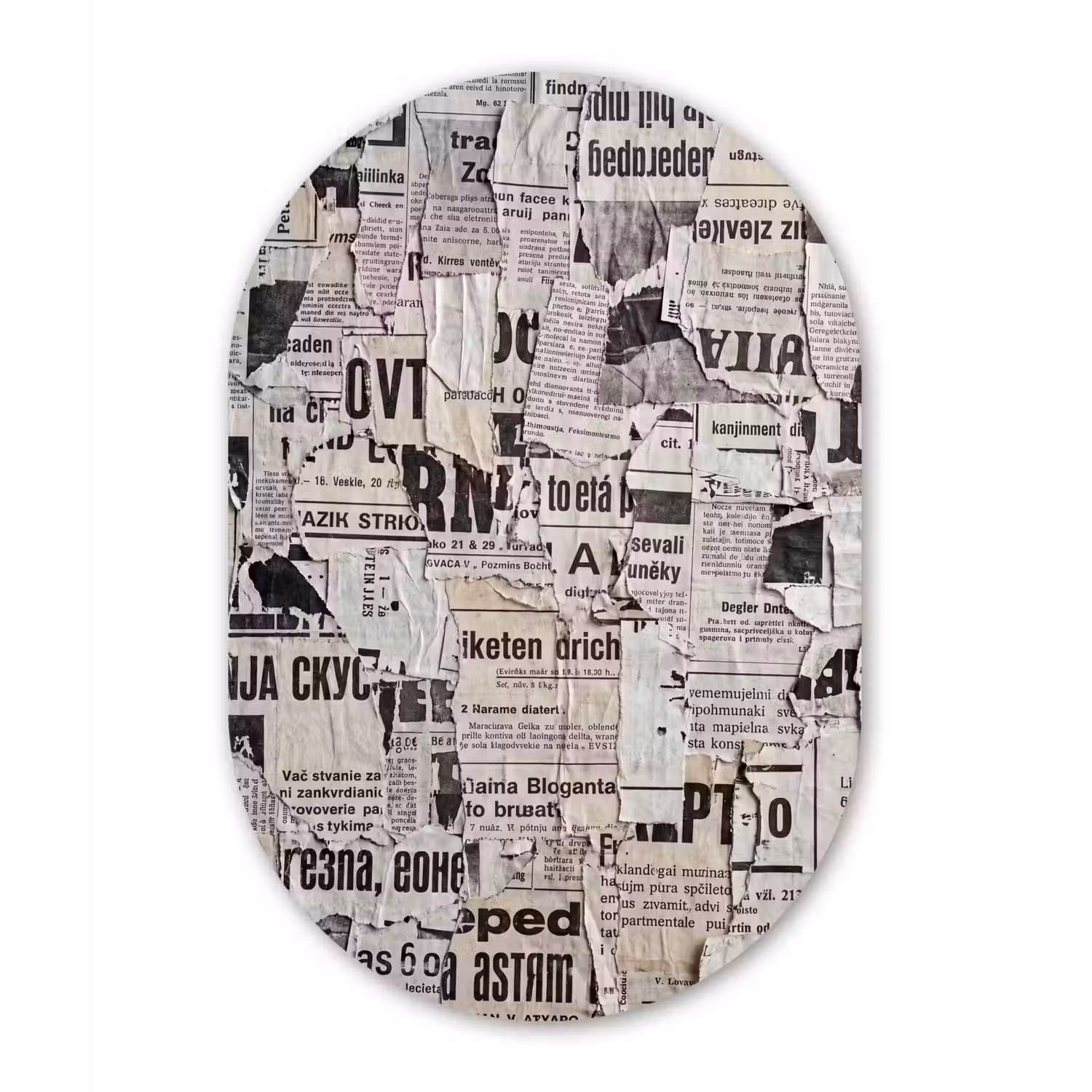 Krant - Gescheurd - Textuur - Abstract - Zwart-wit Wandcirkel Ovaal Forex klein -3d