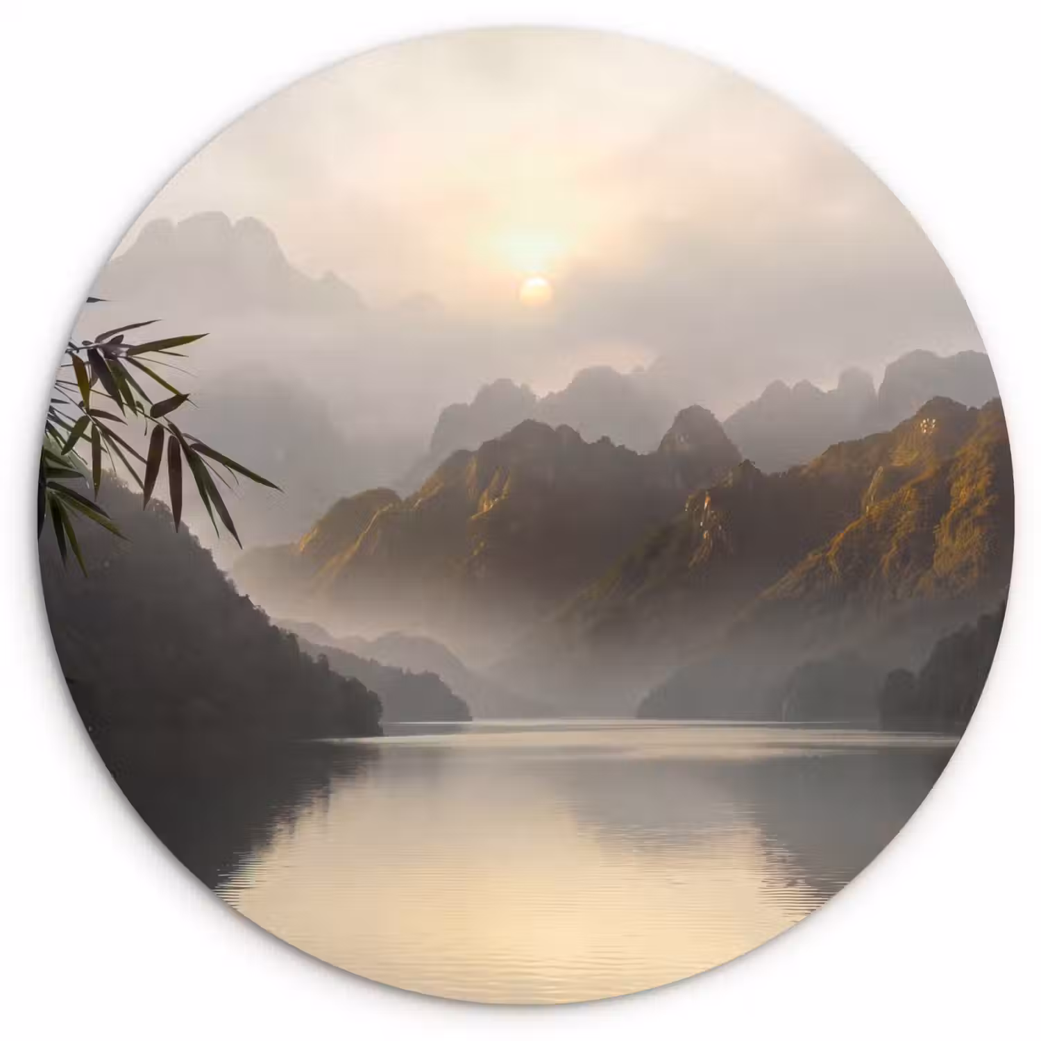 Bergen - Water - Mist - Natuur - Landschap Wandcirkel kunststof plaat 5mm dik klein -3d