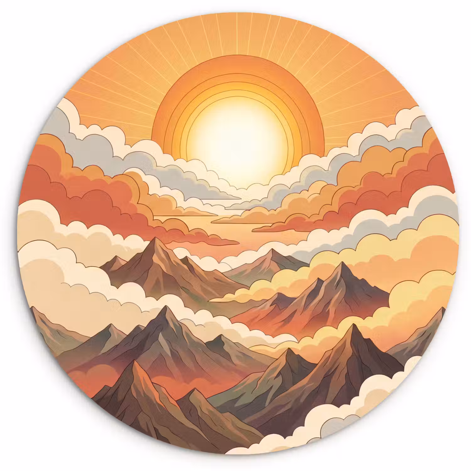 Bergen - Wolken - Natuur - Zonsopgang - Oranje Wandcirkel kunststof plaat 5mm dik klein -3d