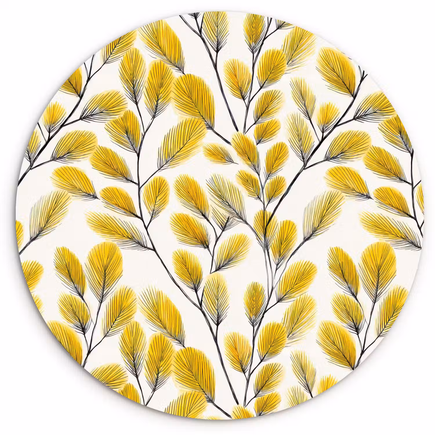 Bladeren - Botanisch - Elegant - Geel - Zwart Wandcirkel kunststof plaat 5mm dik klein 188 -3d