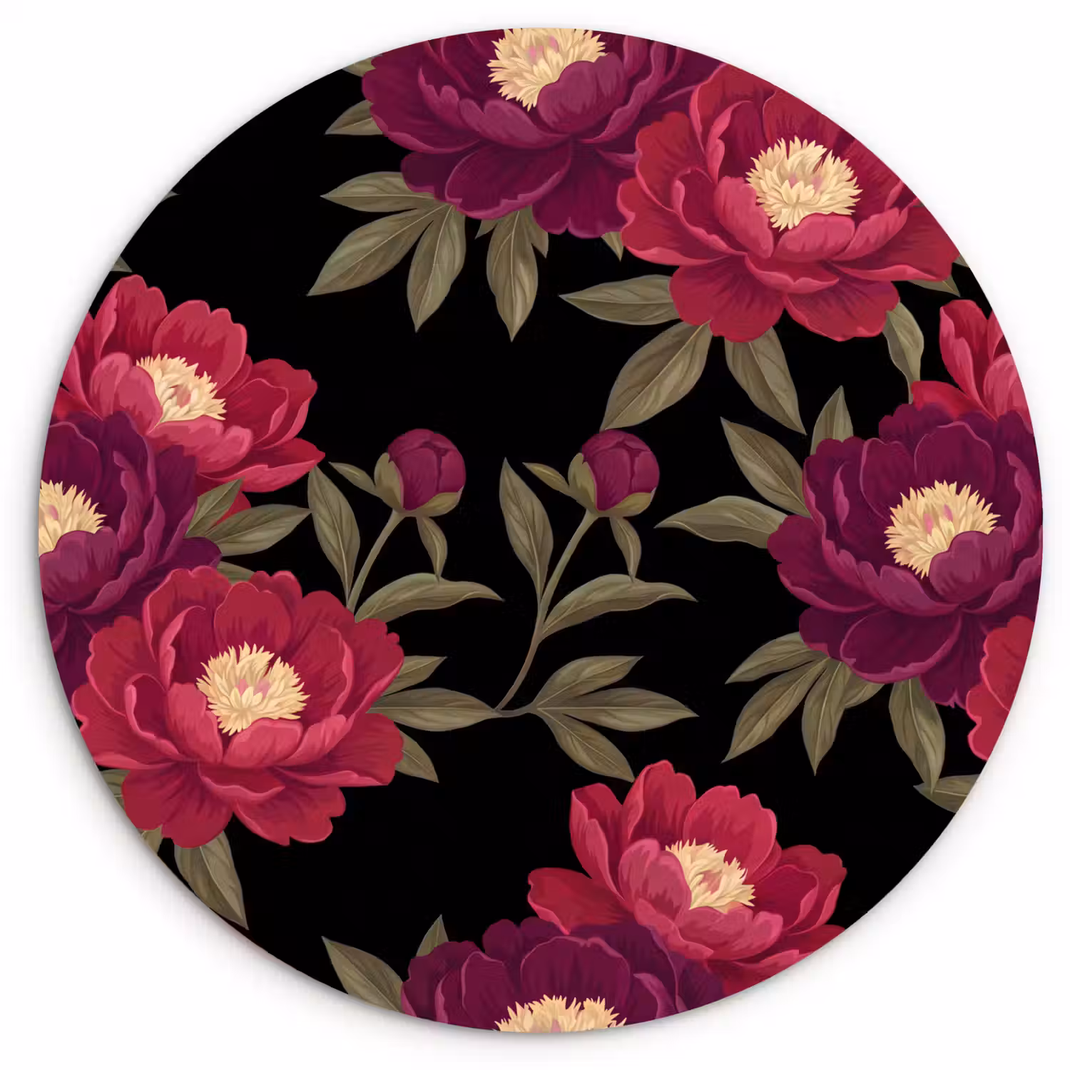 Bloemen - Patroon - Botanisch - Rood - Zwart Wandcirkel kunststof plaat 5mm dik klein -3d