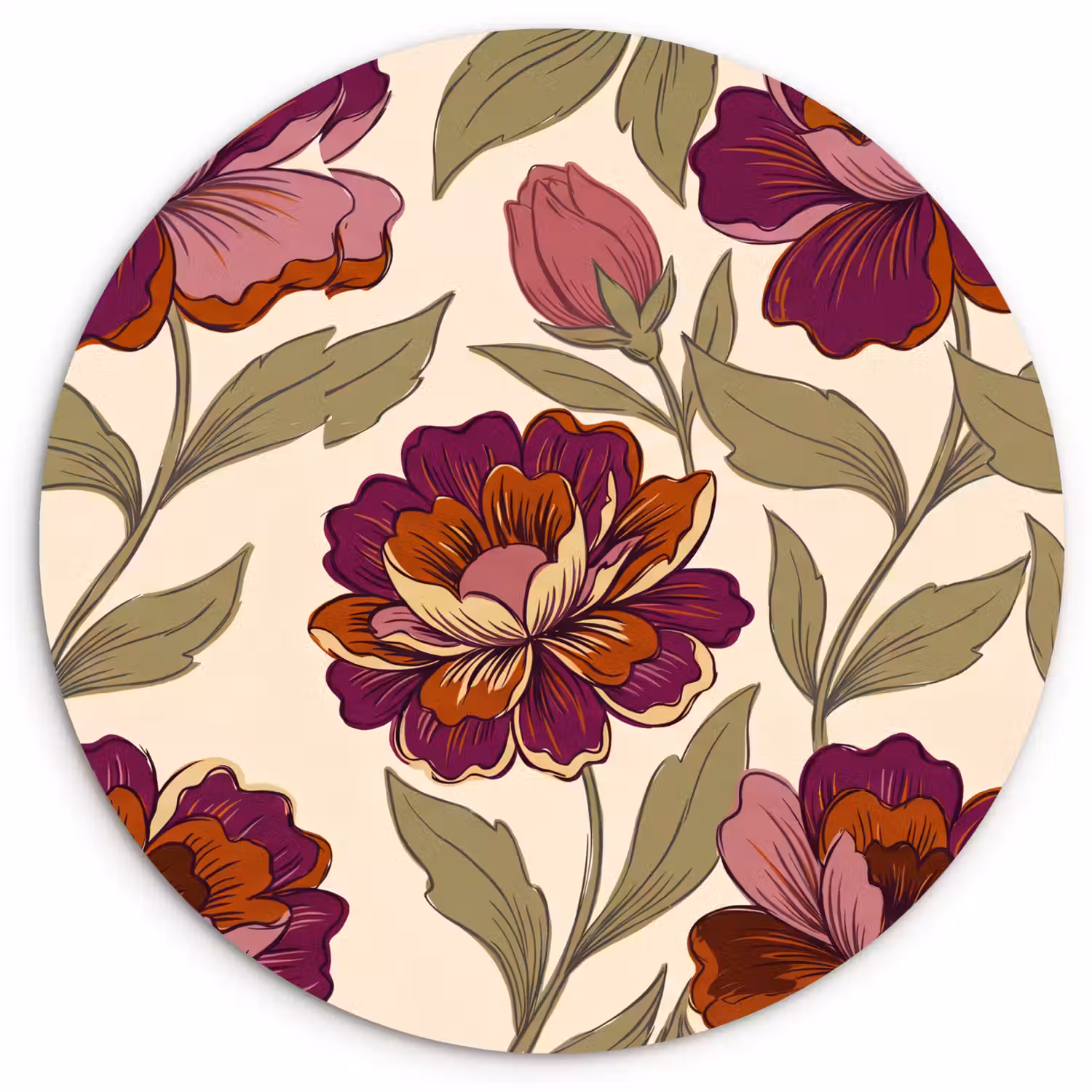Bloemen - Patroon - Natuur - Modern - Paars Wandcirkel kunststof plaat 5mm dik klein -3d