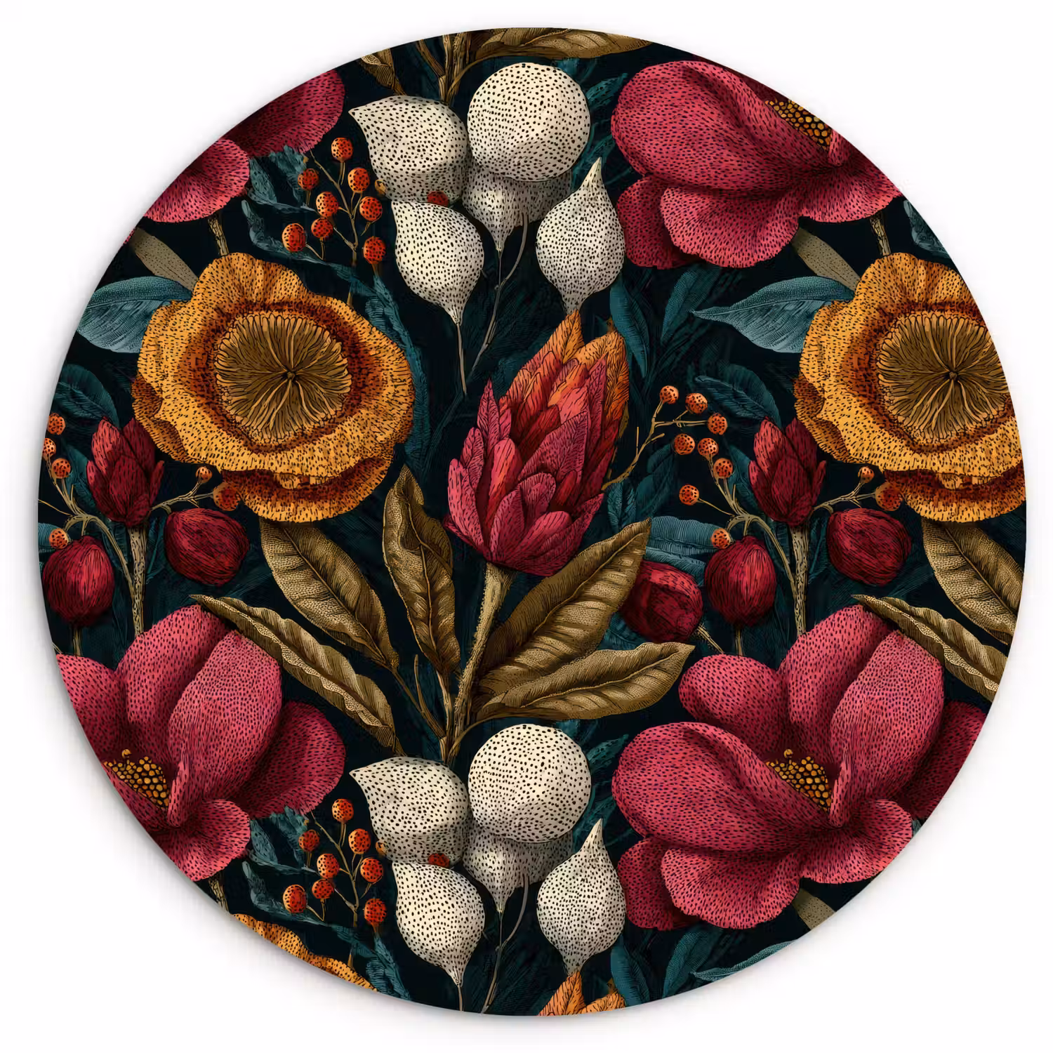 Bloemen - Patroon - Rood - Goud Wandcirkel kunststof plaat 5mm dik klein 188 -3d