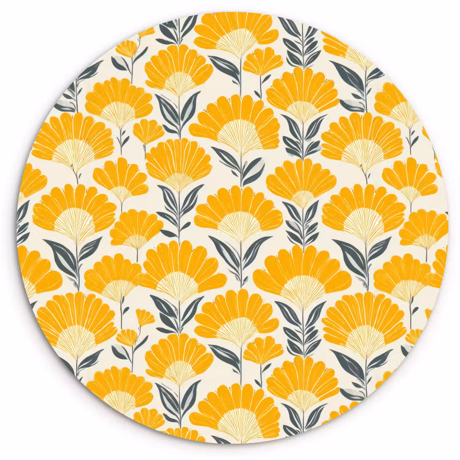 Bloemen - Retro - Botanisch - Okergeel - Grijs Wandcirkel kunststof plaat 5mm dik klein 188 -3d