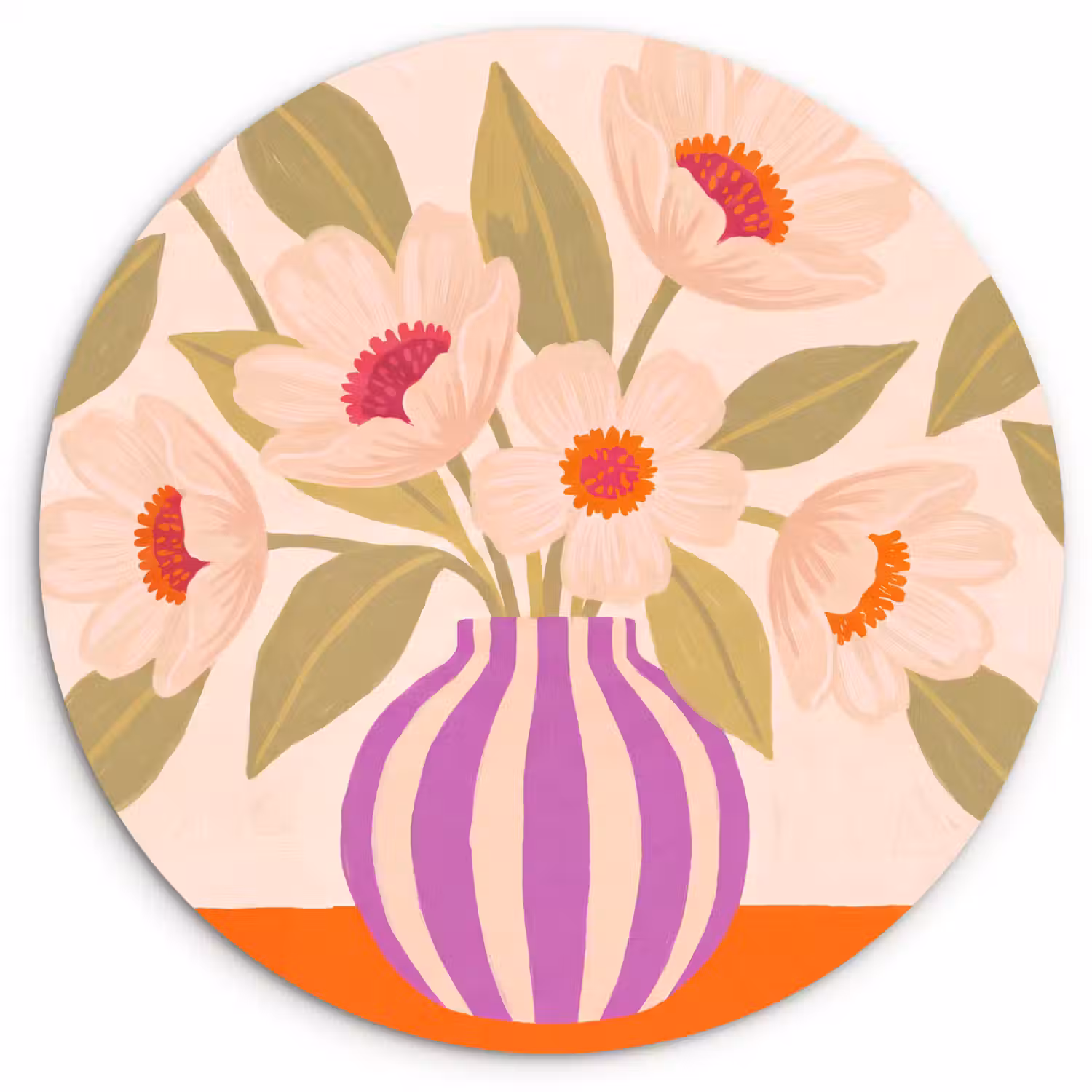 Bloemen - Vaas - Abstract - Paars - Oranje Wandcirkel kunststof plaat 5mm dik klein -3d