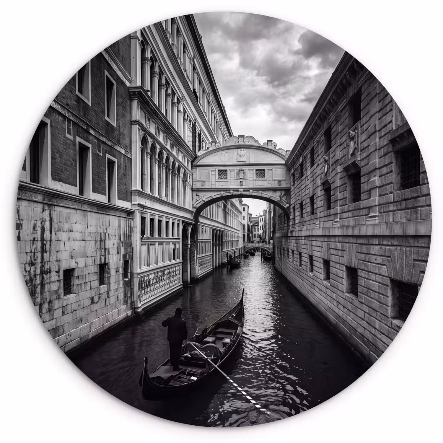 Boot - Waterweg - Stad - Zwart-wit - Architectuur Wandcirkel kunststof plaat 5mm dik klein -3d