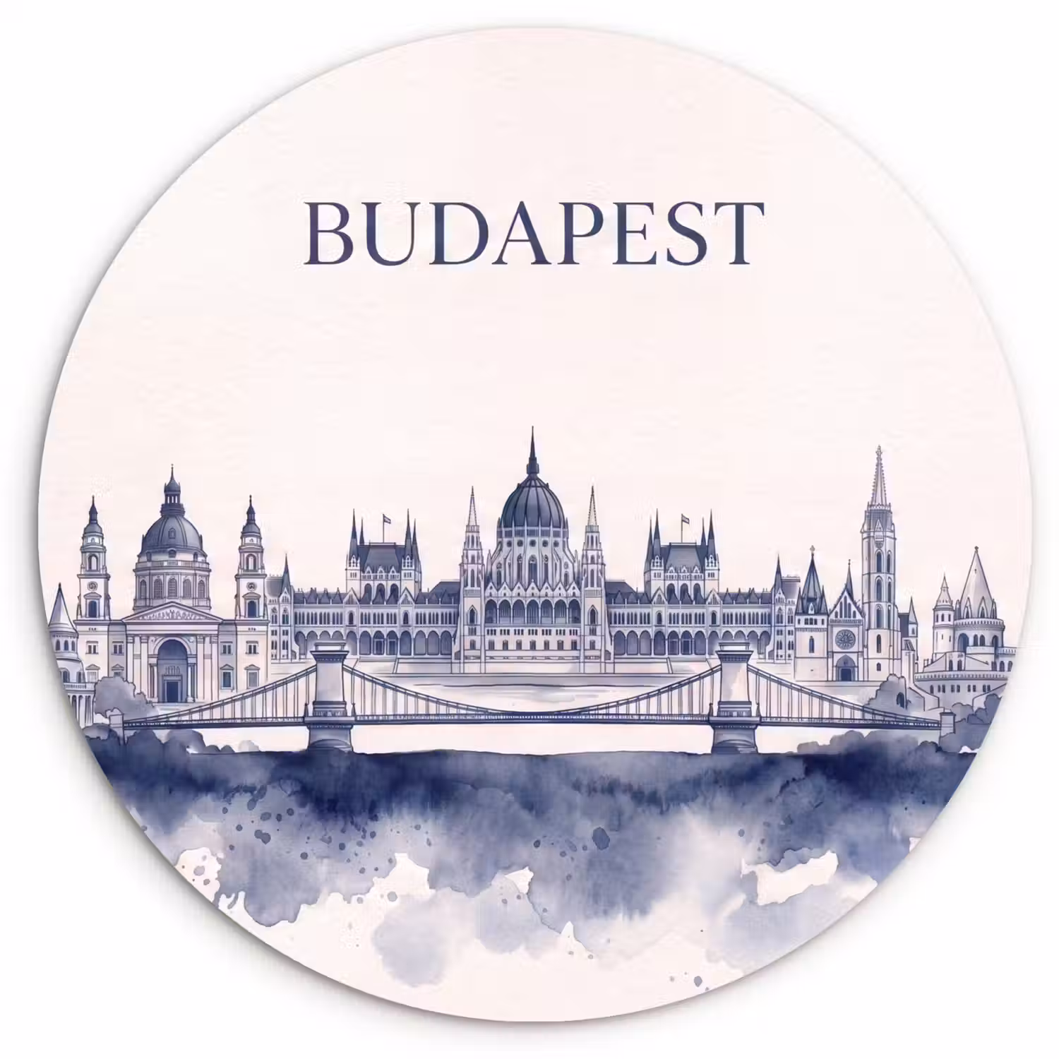 Boedapest - Skyline - Architectuur - Aquarel - Blauw Wandcirkel kunststof plaat 5mm dik klein -3d