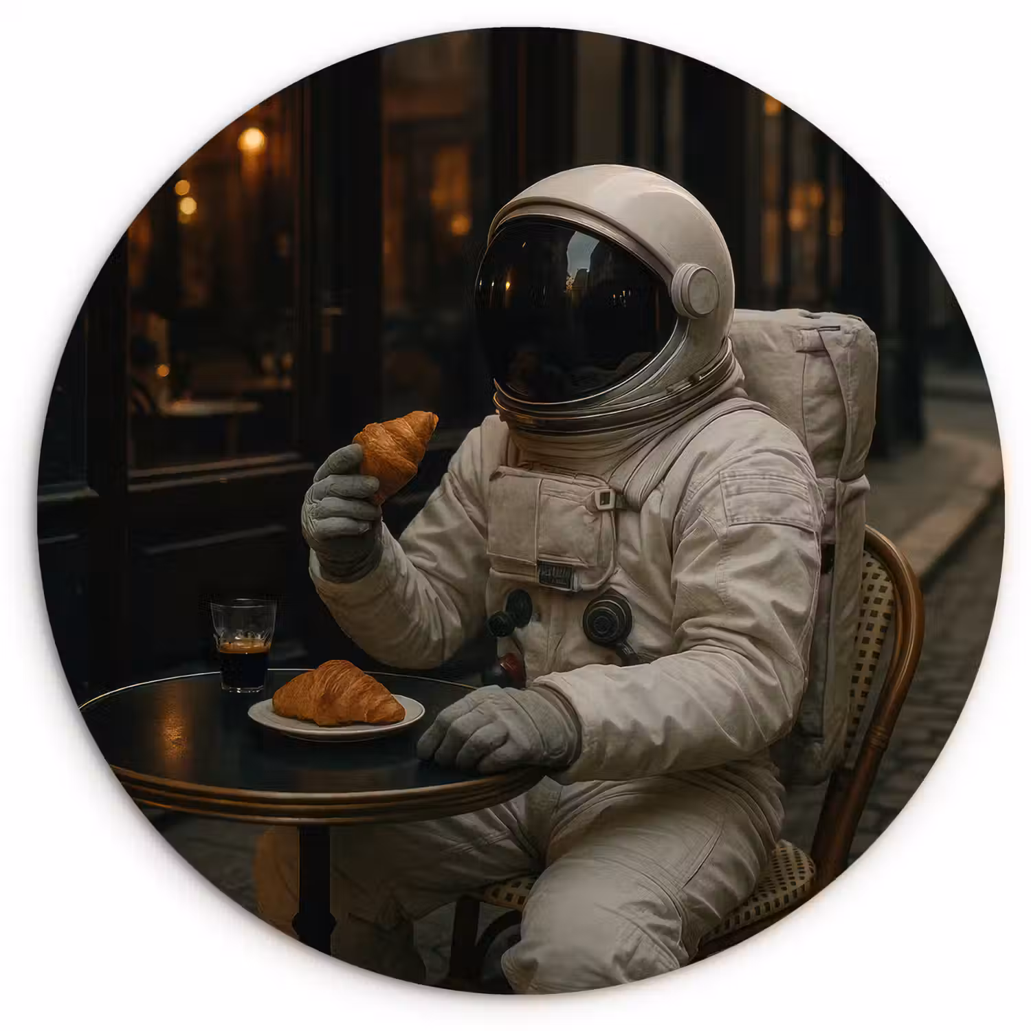Café - Croissant - Koffie - Astronaut Wandcirkel kunststof plaat 5mm dik klein -3d