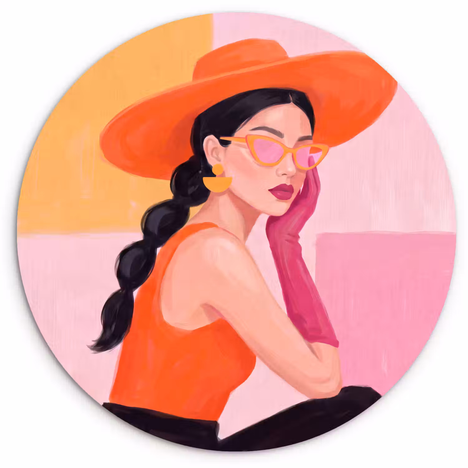 Vrouw - Hoed - Mode - Modern - Oranje Wandcirkel kunststof plaat 5mm dik klein -3d