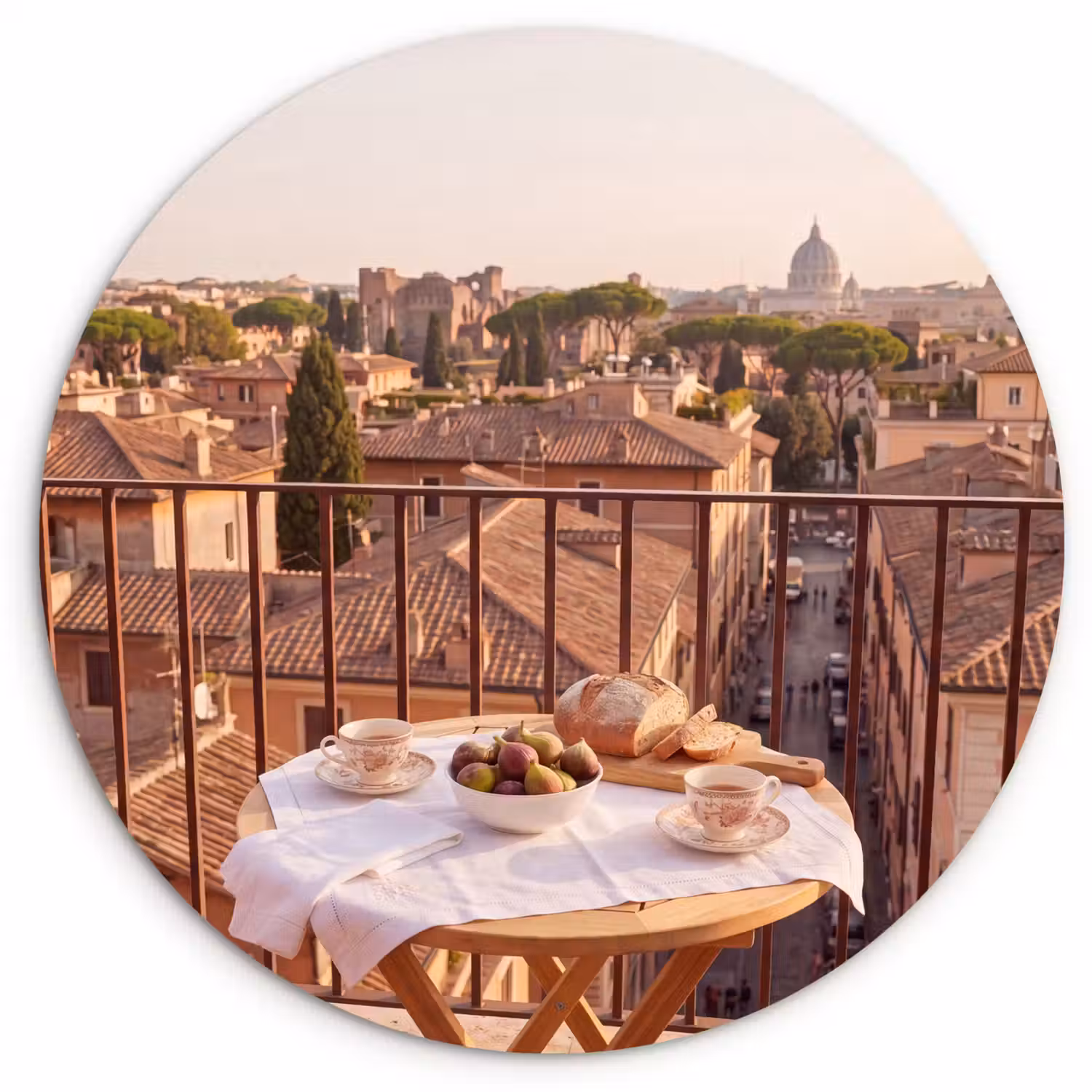 Eten - Ontbijt - Balkon - Stad - Zonsopgang Wandcirkel kunststof plaat 5mm dik klein -3d