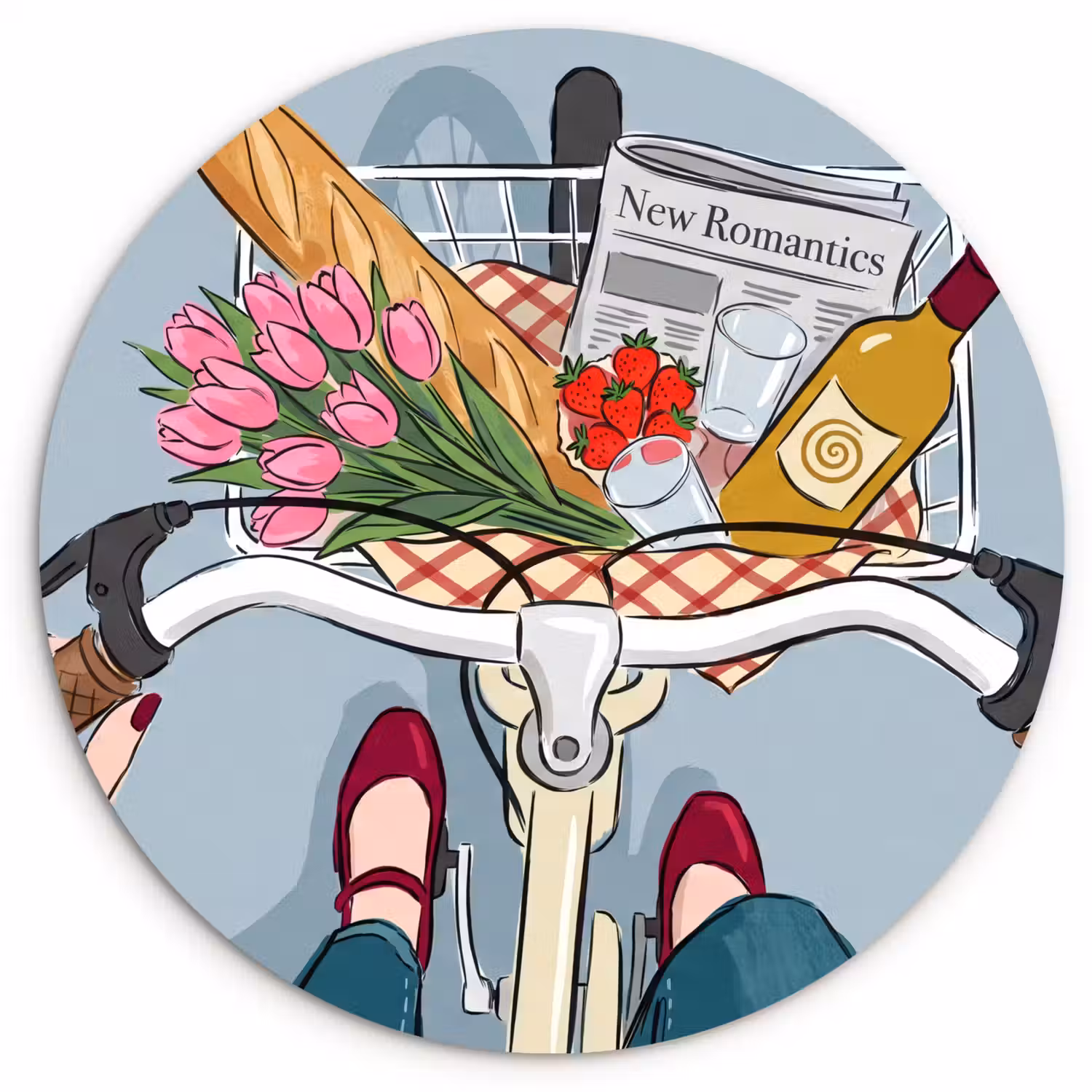 Fiets - Picknick - Zomer - Illustratie Wandcirkel kunststof plaat 5mm dik klein -3d