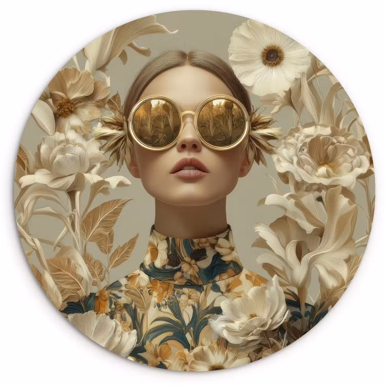 Vrouw - Bloemen - Zonnebril - Wit Wandcirkel kunststof plaat 5mm dik klein -3d