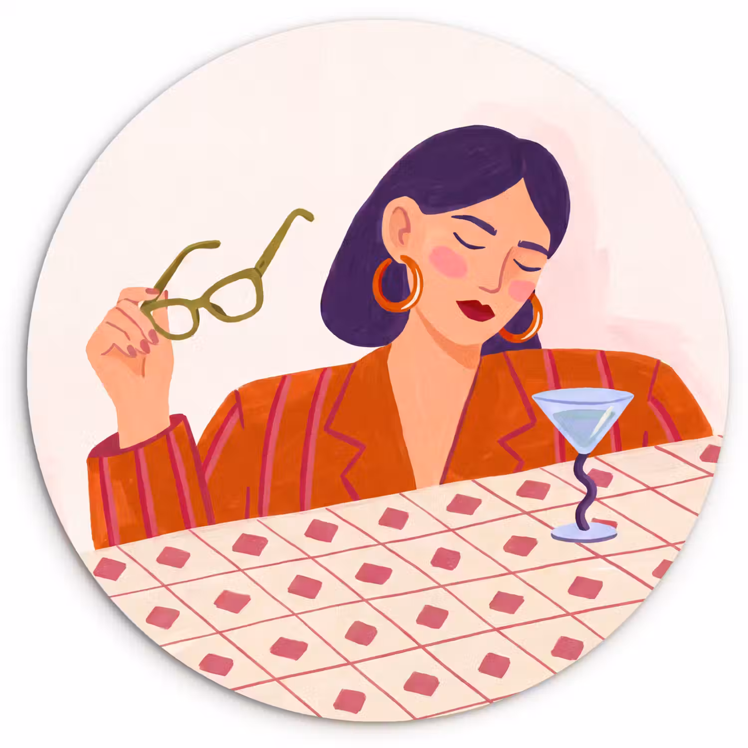Vrouw - Bril - Cocktail - Illustratie - Modern Wandcirkel kunststof plaat 5mm dik klein -3d